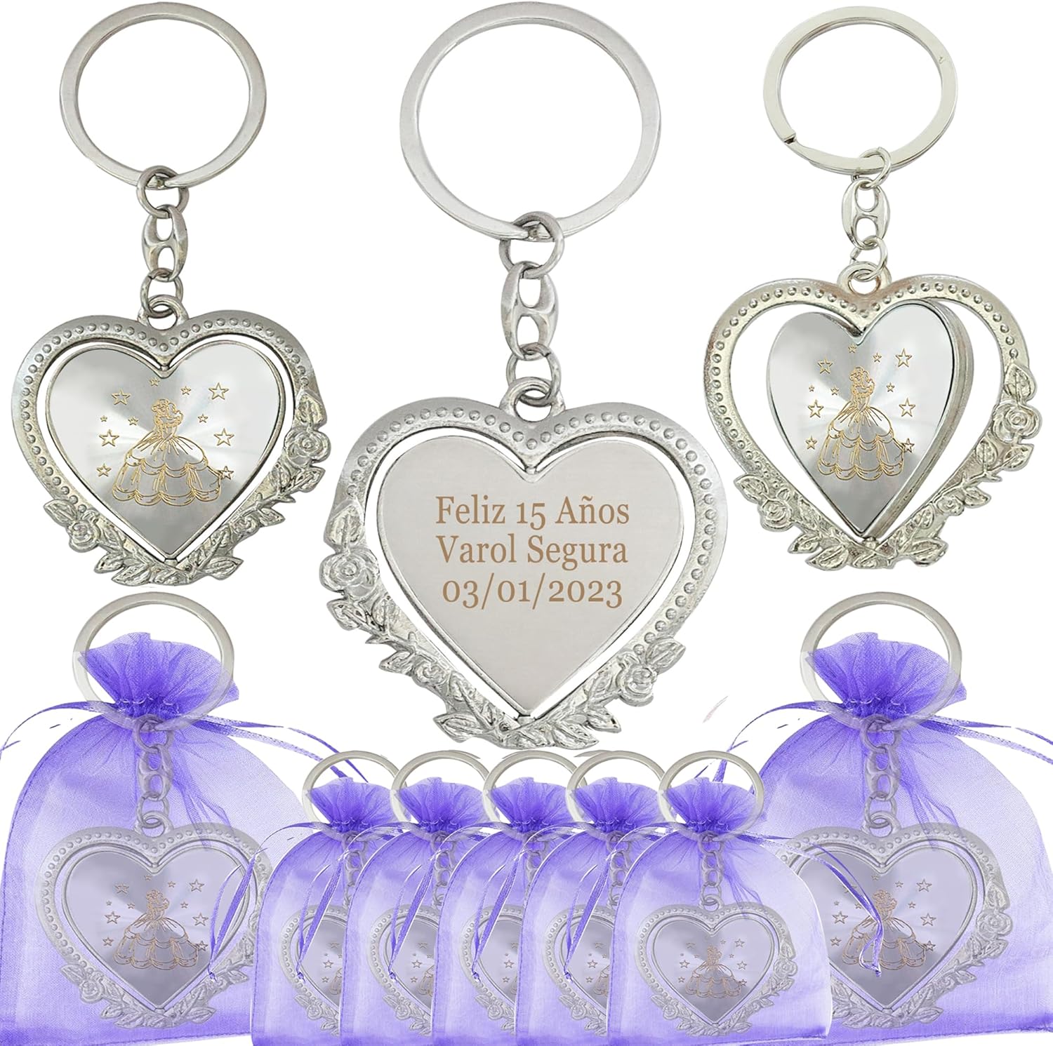 12 pcs Personalized Quinceanera Party Favors Recuerdos para Quinceañera Heart Keychains Sweet 16 Quinceanera (Purple)