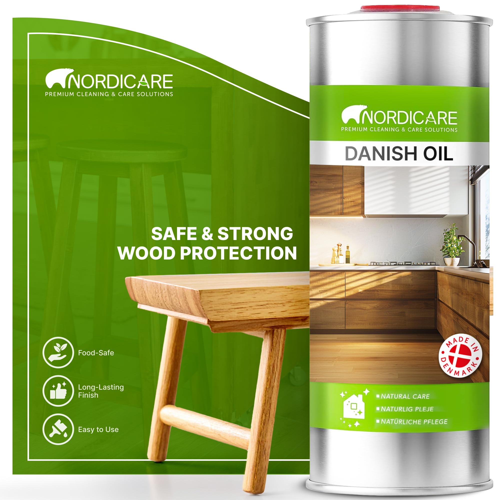 Danish Oil by Nordicare - Underlines Natural Structure of Wood (Oak, Cherry, Pine and More) - Food Safe for Wooden Worktops - Made in Denmark (1L)