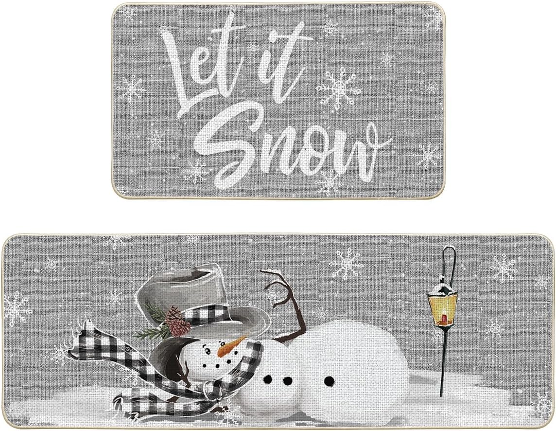 Artoid Mode Grey Let It Snow Snowflake Snowman Winter Kitchen Mats Set of 2, Christmas Decor Low-Profile Kitchen Rugs for Floor - 17x29 and 17x47 Inch