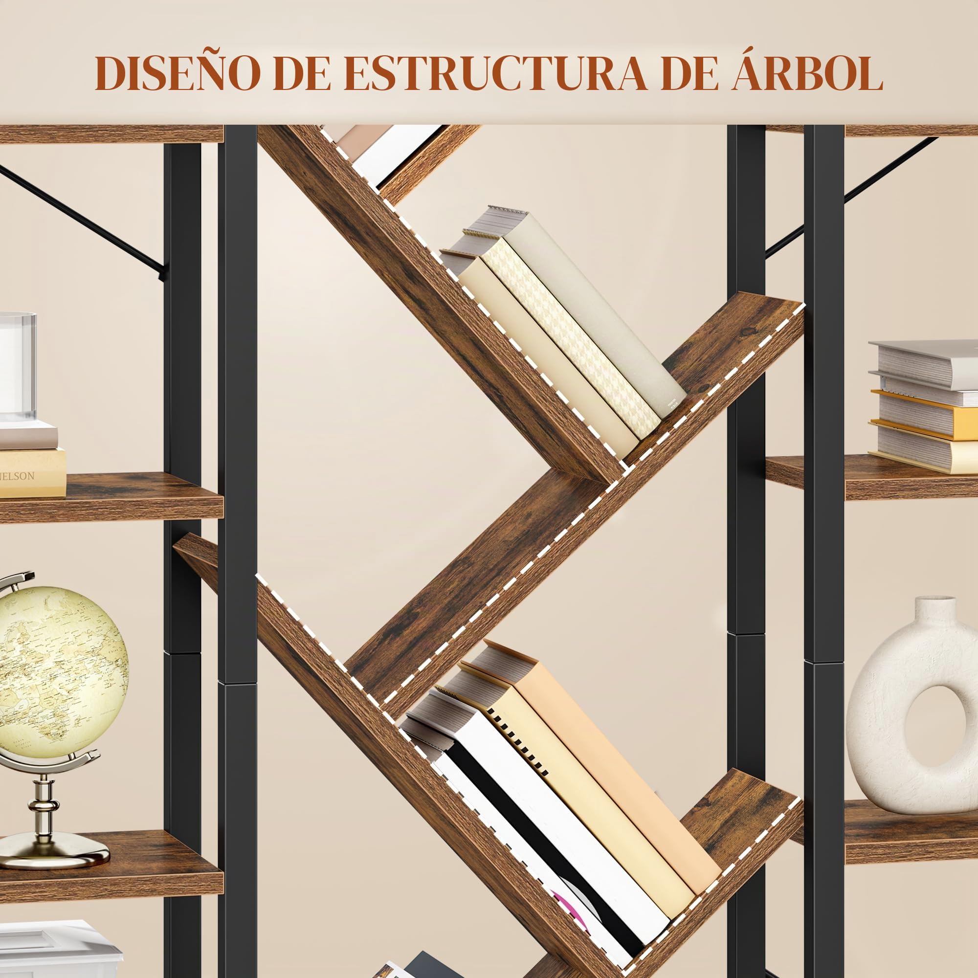 HEXCELEN Librería, Estantería de Árbol de 6 Niveles, Marrón Rústico y Negro | 18 Compartimentos, Estantería de Almacenamiento, Estantes Ajustable, 24 x 152 x 198,5 cm, para Estudio, Sala de Estar