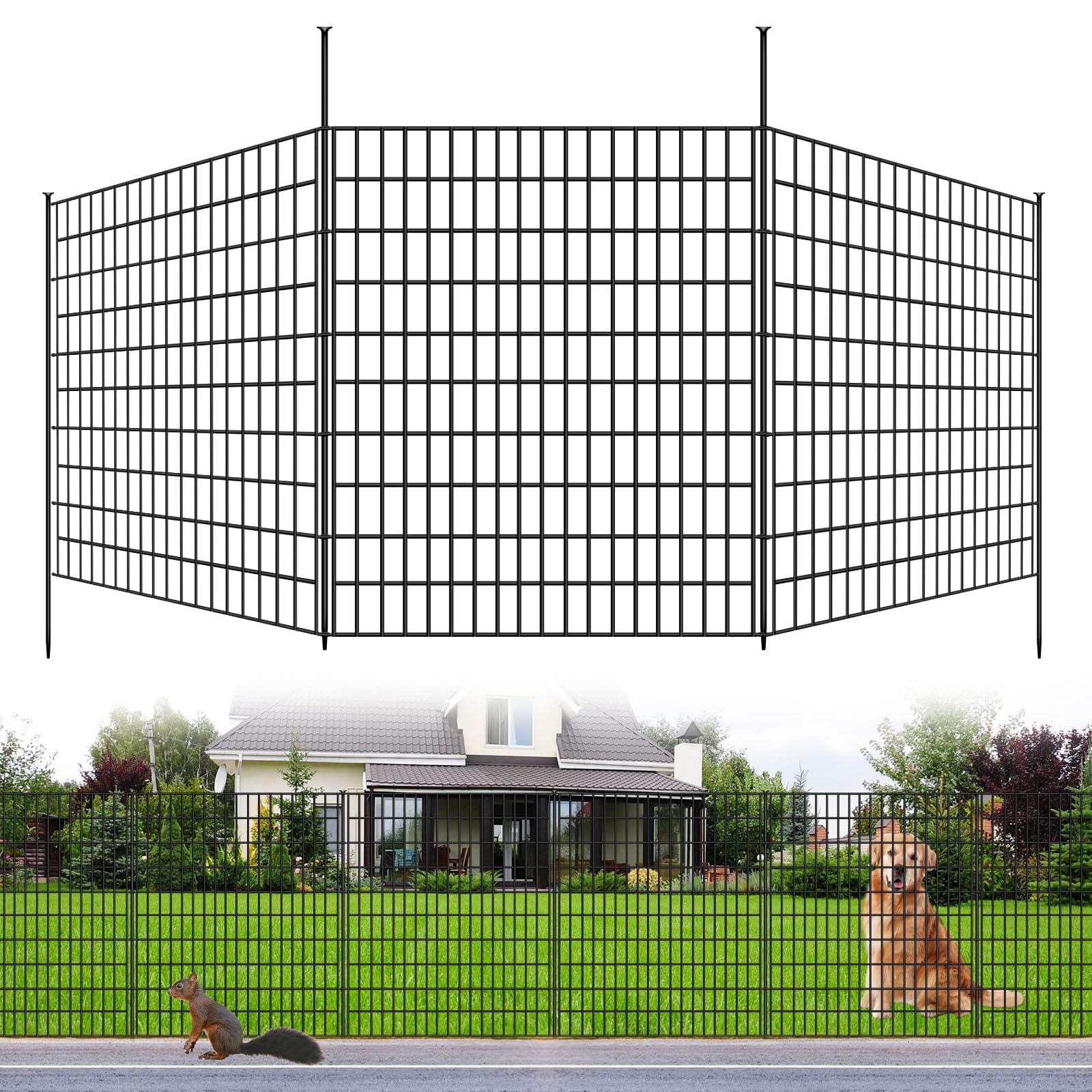 5 Panels Dog Fence Outdoor for Yard, 33 in(H) X 12 ft(L) Decorative Garden Fence Rustproof No Dig Animal Barrier Fencing Metal Wire Panel Border Patio Rabbits Ground Stakes Fencing