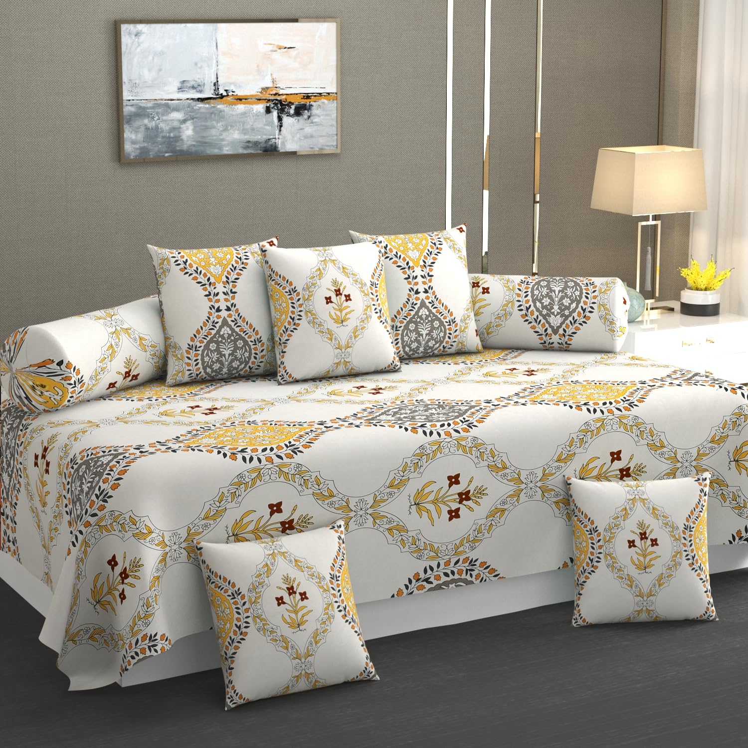 KETOSTICS Premium Cotton Diwan Set 8 PCS|300 TC Fabric |1 Bedsheet (90x60 inch), 5 Cushion Covers (16x16 inch), 2 Bolster Covers (16x32 inch) |Vibrant Floral & Geometric Designs| White-image-9