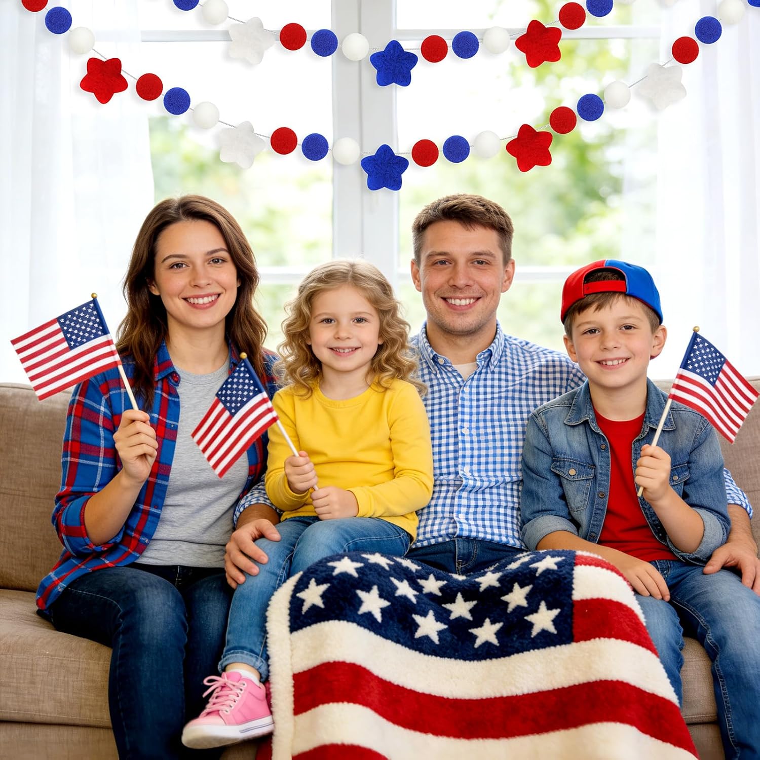 JANSUN 2Pcs 19.68Ft Patriotic Felt Garland 4th of July Banner | Red White Blue Decor for Independence Day Party Office Classroom Home Fireplace Hanging Decoration