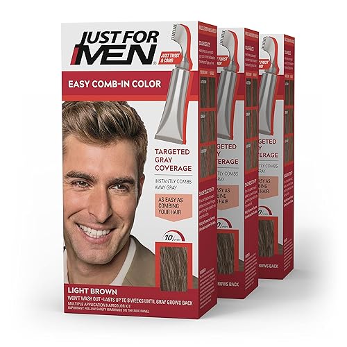 Just For Men - Tinte para el cabello para hombres, sin mezclar, fácil aplicación con aplicador de peine, marrón claro, A-25, paquete de 3