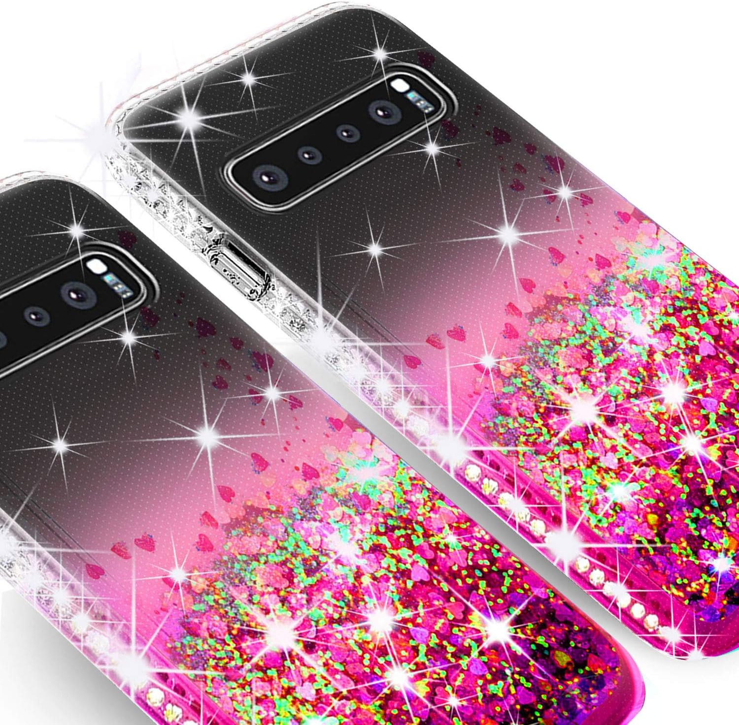 Galaxy S10e Case,Liquid Glitter Bling Phone Case Cover w/Tempered Glass Screen Protector Shock Proof Quicksand Cute Protective Girls Women Compatible for Samsung Galaxy S10e Cases - Clear/Hot Pink