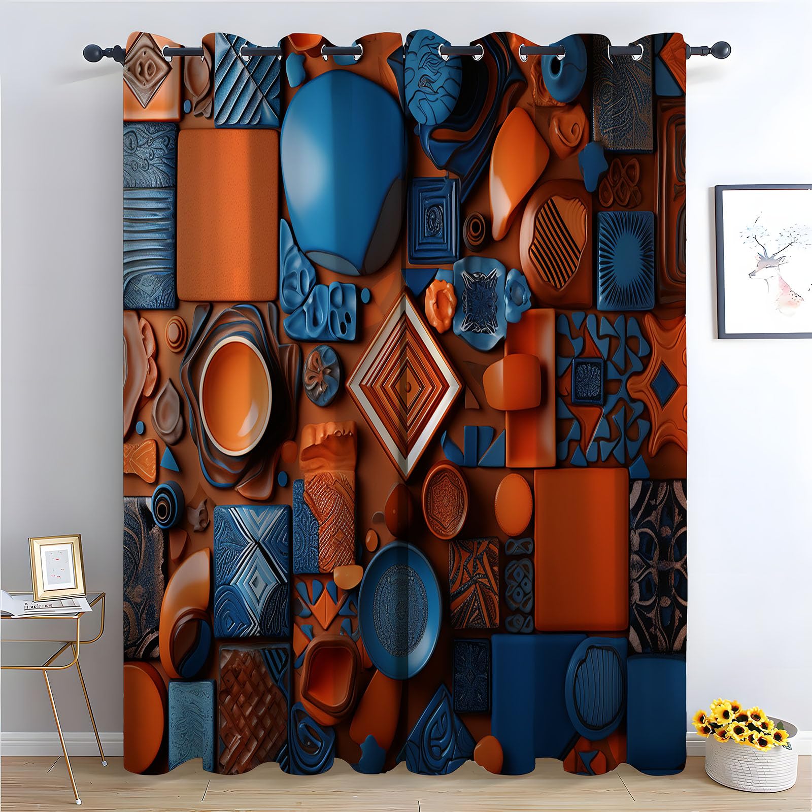 Rideau occultant abstrait boho bleu et orange H180 x L100 cm | Lot de 2 panneaux géométriques
