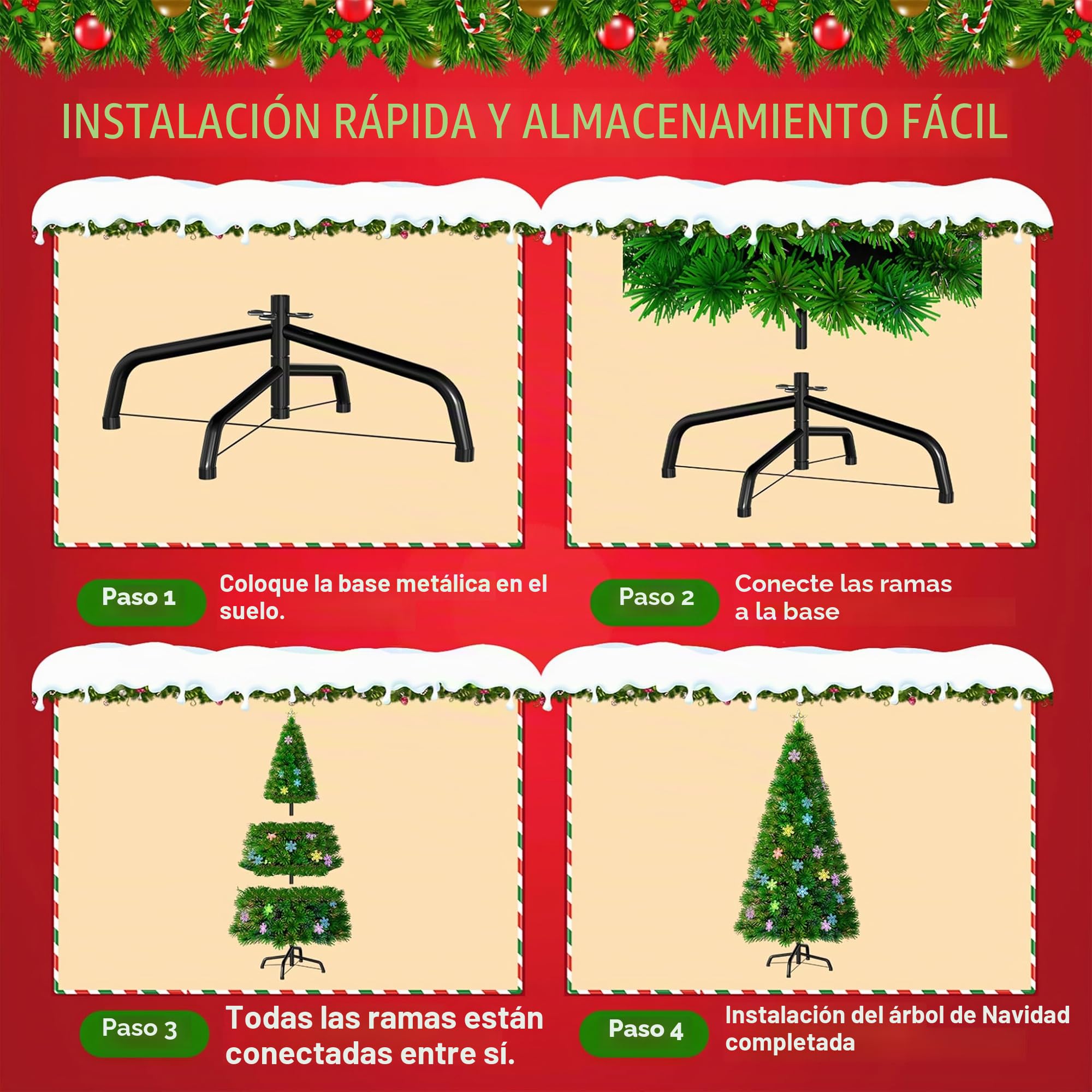 UISEBRT Árbol de Navidad Artificial con Luces LED Multicolor - Árbol de Navidad Decorativo (210cm, Fibra óptica & Copos de Nieve)