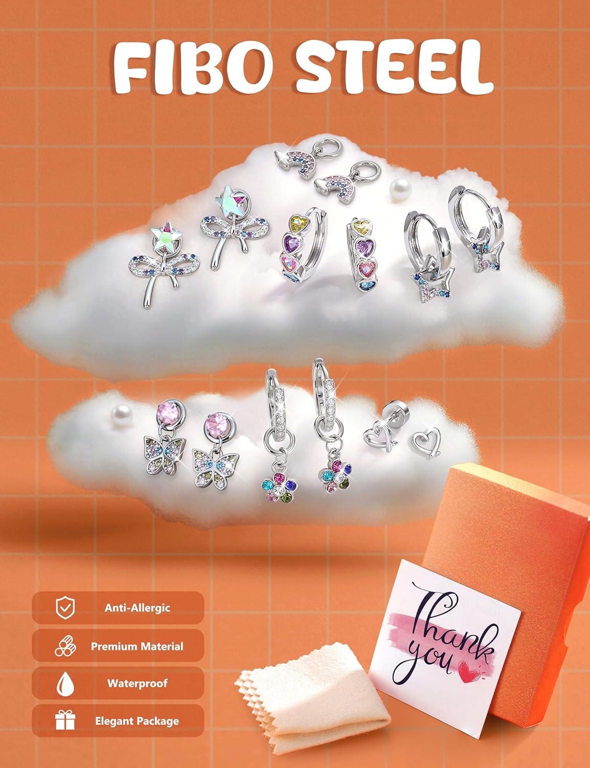 FIBO STEEL Silver Hypoallergenic Earrings for Girls Women - Surgical Steel Flat Back Small Stud Hoop Earring with Colorful CZ Charms Dainty Cute Toddler Earrings Set for Sensitive Ears Little Girl Jewelry for Kids Age:Over 3 Years Old - Image 7