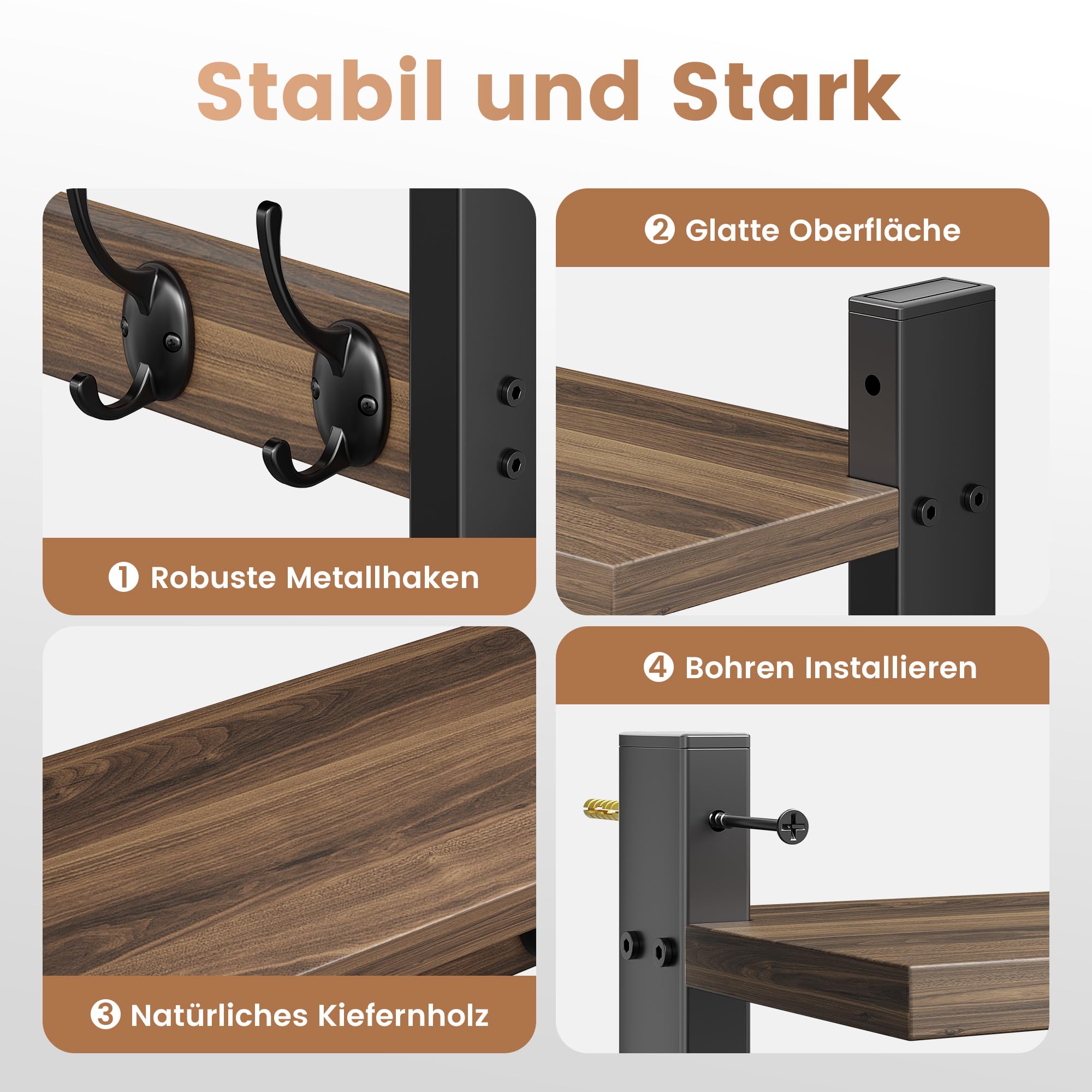 VITVITI Appendiabiti da Parete, Appendiabiti in Legno con 5 Ganci in Metallo, 40cm Mensola per camera da letto, Bagno, Soggiorno