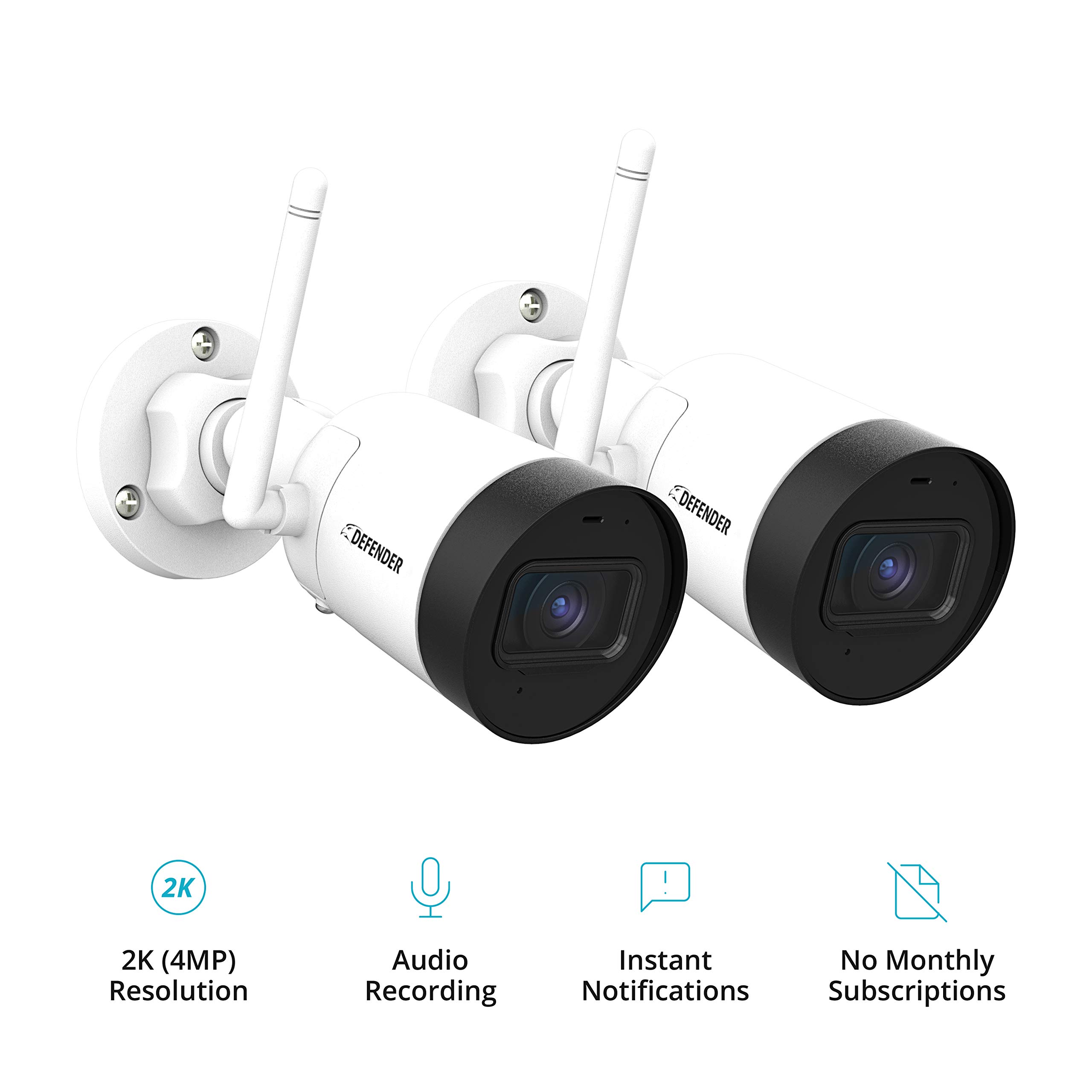 Defender Guard 2K HD Professional WiFi. Plug-in Power IP Camera- Weather Resistant Surveillance Bullet Camera Motion Alert Night Vision Save & Share Footage Built-in Mic Audio Recording (2 Pack)