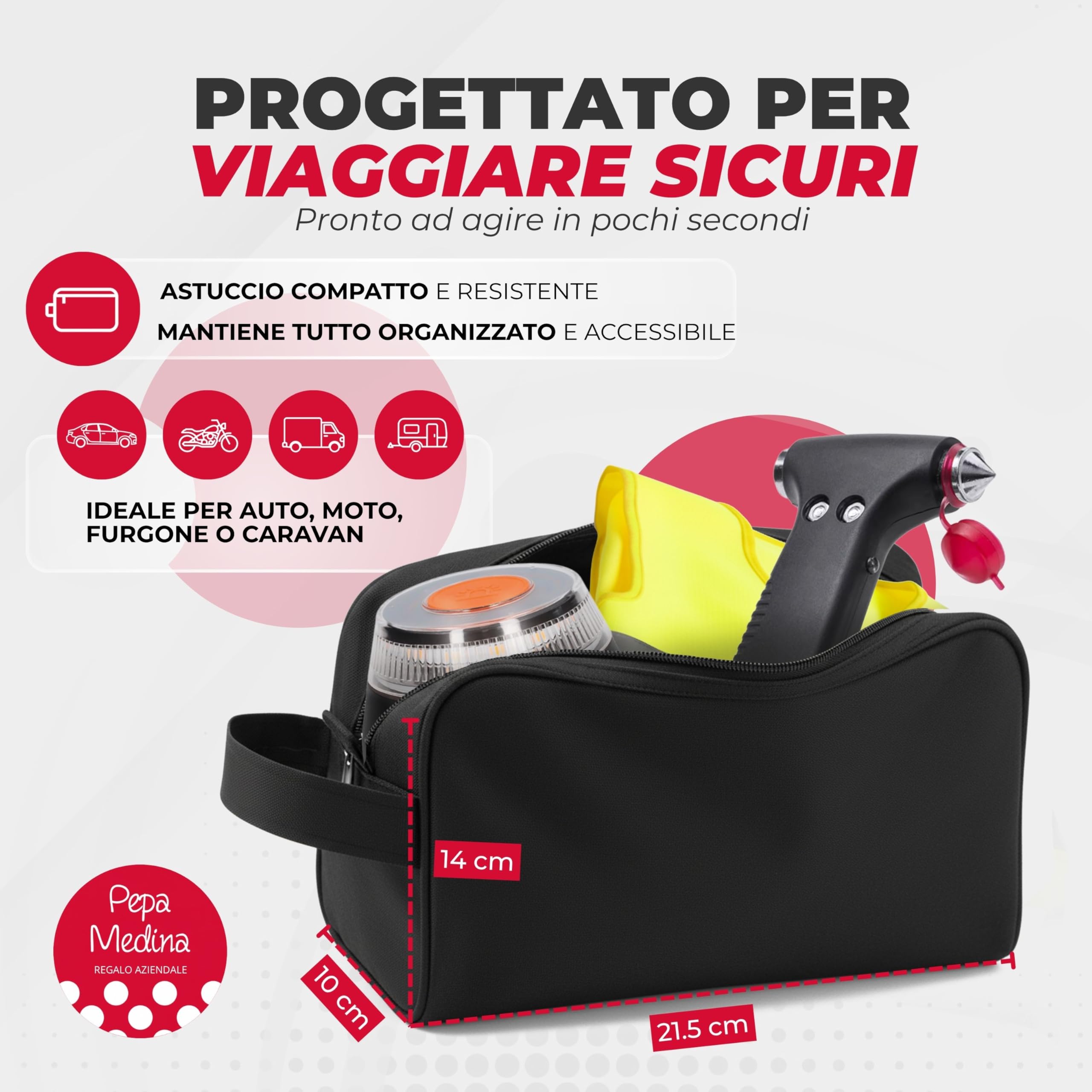 Kit Emergenza e Sicurezza per Auto: Luce V16 Geolocalizzata Omologata 2026, Gilet Riflettente, Martello Multifunzionale, Taglierina Cinture di Sicurezza, Torcia LED e Necessaire