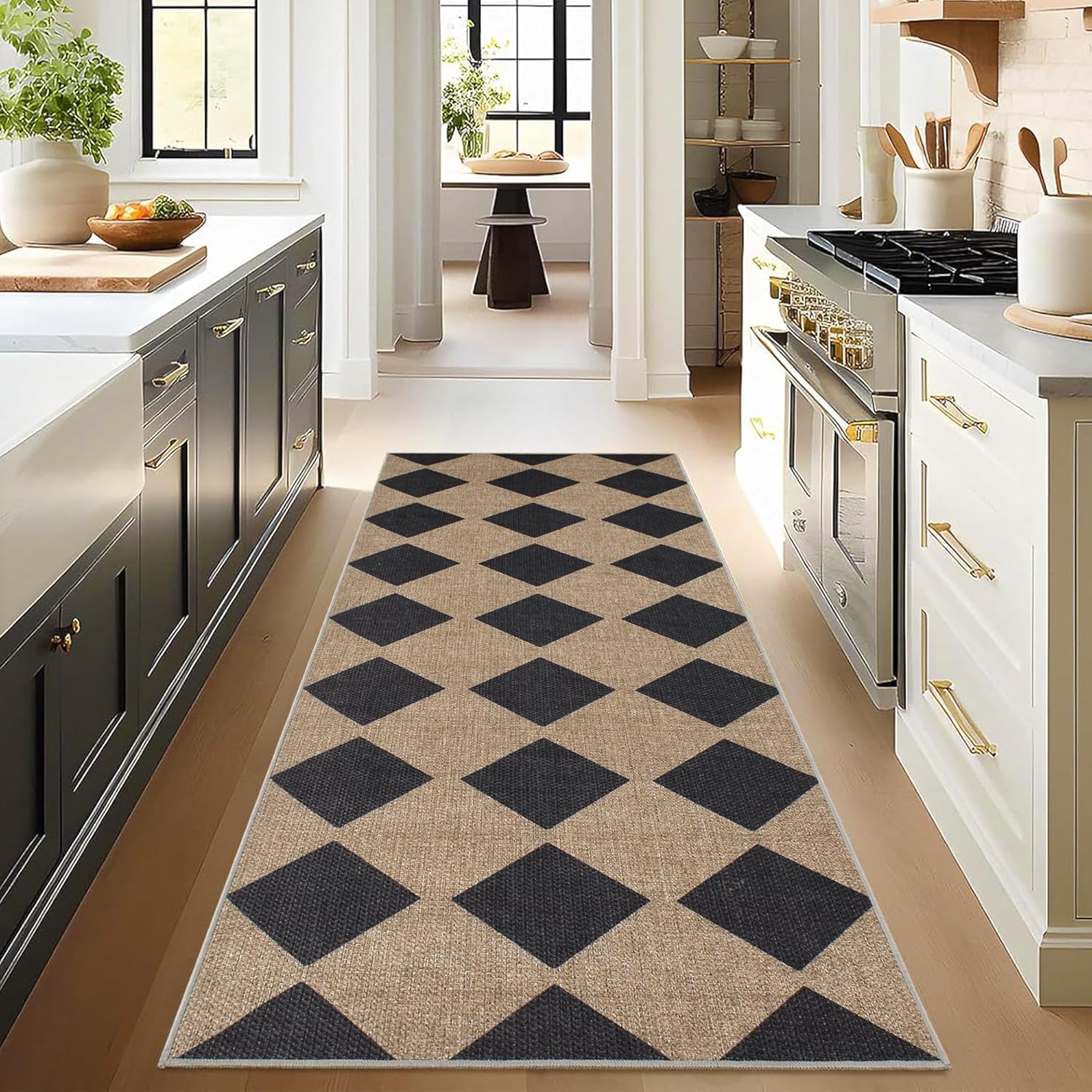 Checkered Easy Jute Runner Rug,2x6 Kitchen Runner Rugs for Hallway Non Slip Washable Checkered Indoor Outdoor Carpet for Laundry Room Bedroom Entry 6ft