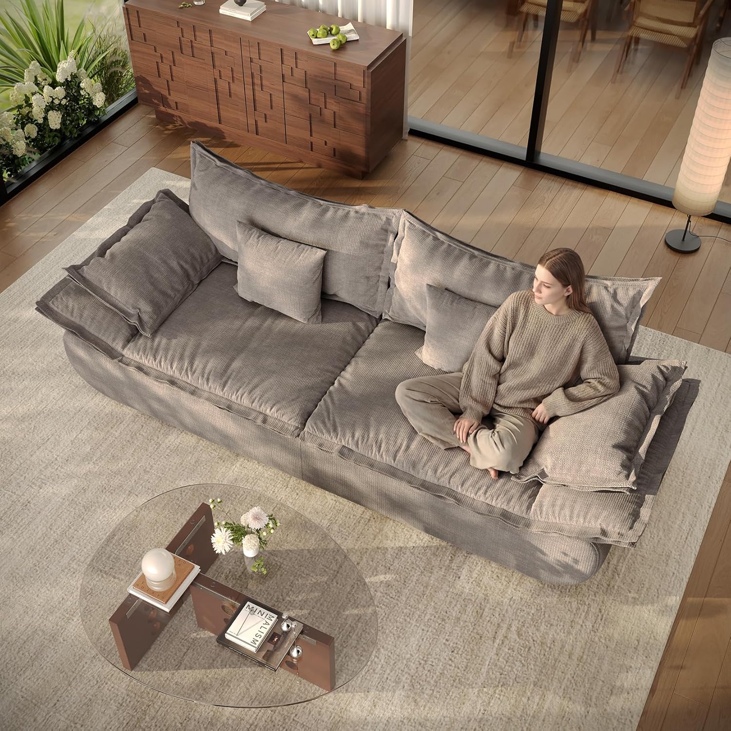 Vesgantti 86.6" Cloud Couches for Living Room, Cozy Chenille Boneless Couch with Curved Armrest, Modern Stylish Sailboat Sofa with Deep Seat, No Assembly Required, Light Grey