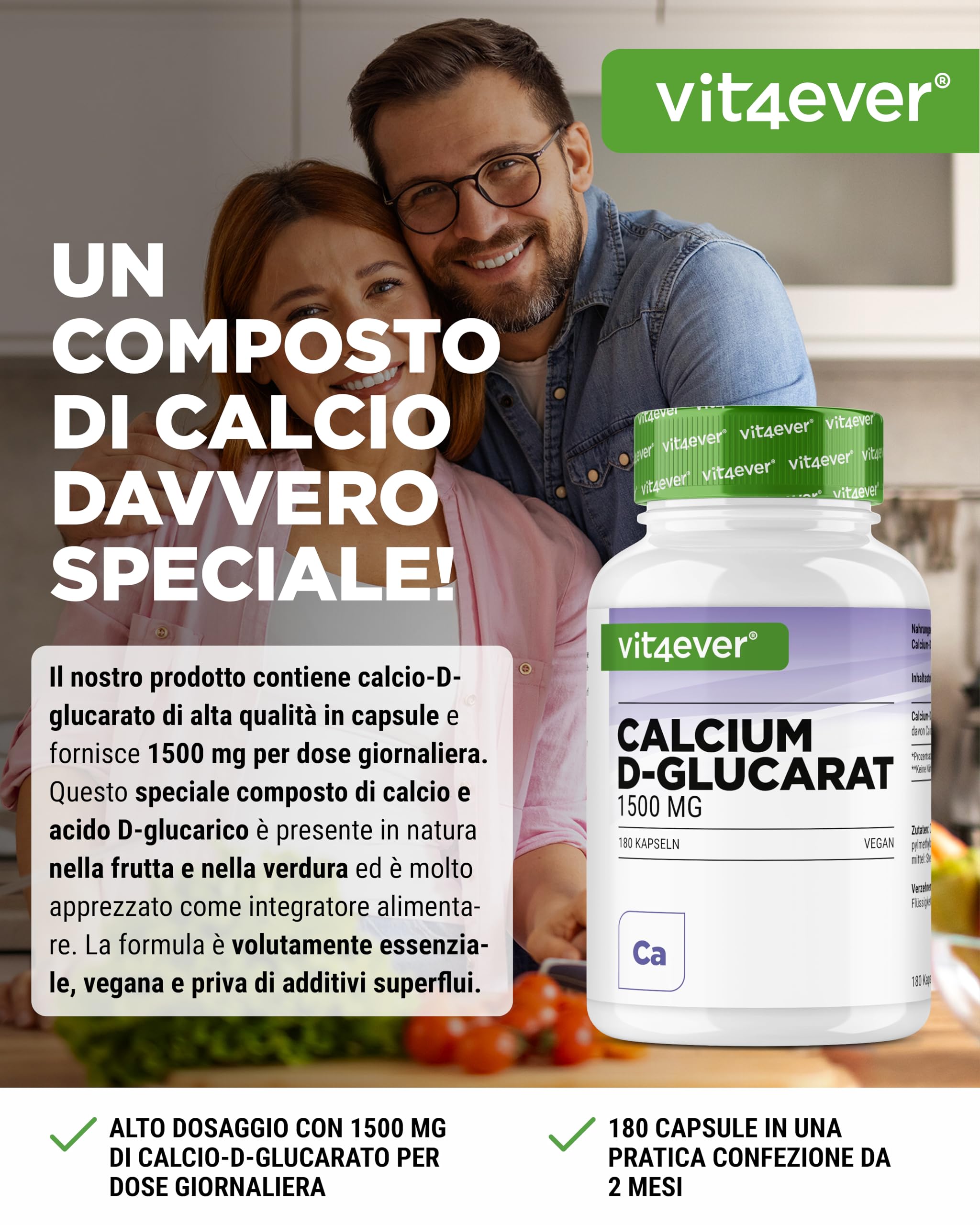 vit4ever Calcium-D-Glucarato 1500 mg – 180 Capsule – Alto Dosaggio – Sale di Calcio dell’Acido D-Glucarico – 222 mg di Calcio (28% VNR) – Vegano & Senza Additivi Inutili