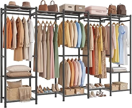 Raybee Clothes Rack, Clothing Racks for Hanging Clothes, Extra Large Metal clothing rack, Freestanding Wardrobe Closet, Garment Rack with Shelves, Portable Closet for Bedroom, Black