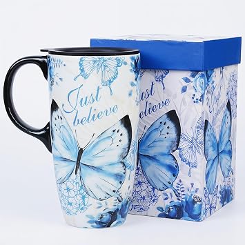 DUSVALLY Ceramic Travel Mug with Lid, 500ml/17oz Blue Butterfly Coffee Cup with Handle, Just Believe Floral Tea Mug, Microwave & Dishwasher Safe, Gift Box Included