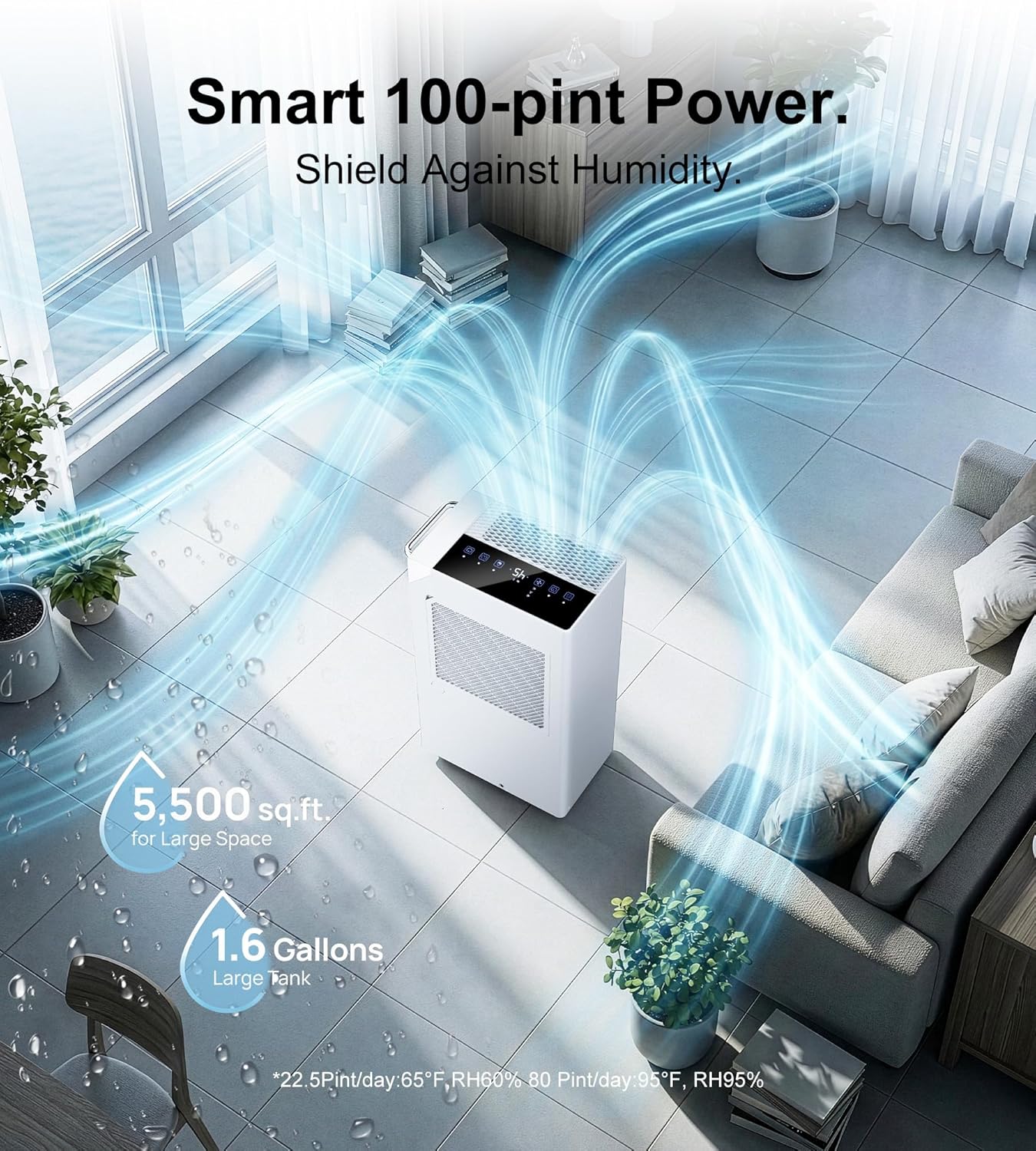5500 Sq. Ft Dehumidifier for Basement, 100 Pint/Day Large Compressor Dehumidifiers with Drain Hose, Smart Humidity Control, 1.6 Gal Tank, 24H Timer & Child Lock for Home Bedroom Bathroom