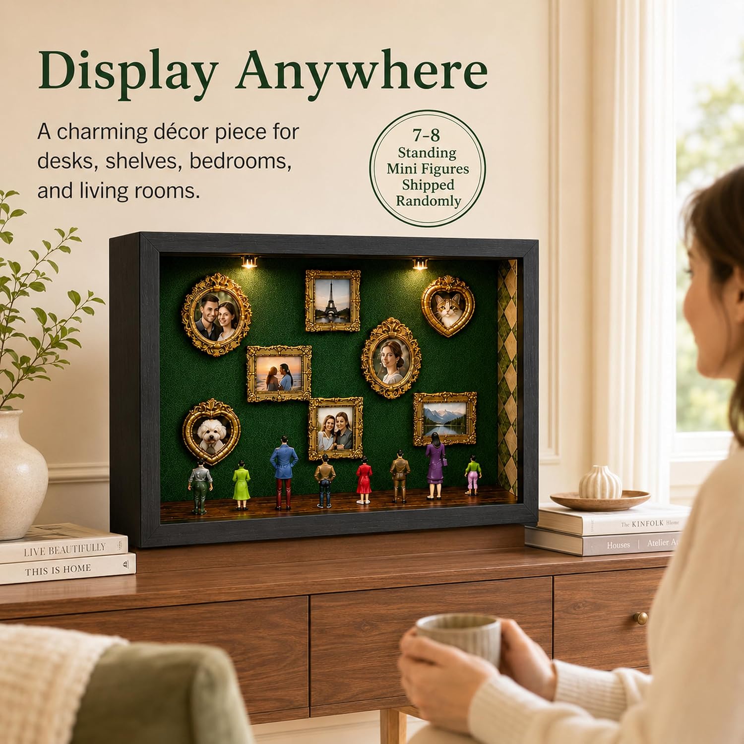 DIY Mini Museum Shadow Box Kit with Gold-Tone Picture Frames and 7-8 Assorted Figurines, Personalized Photo Memory Display for Couples, Anniversary, Wedding, Birthday