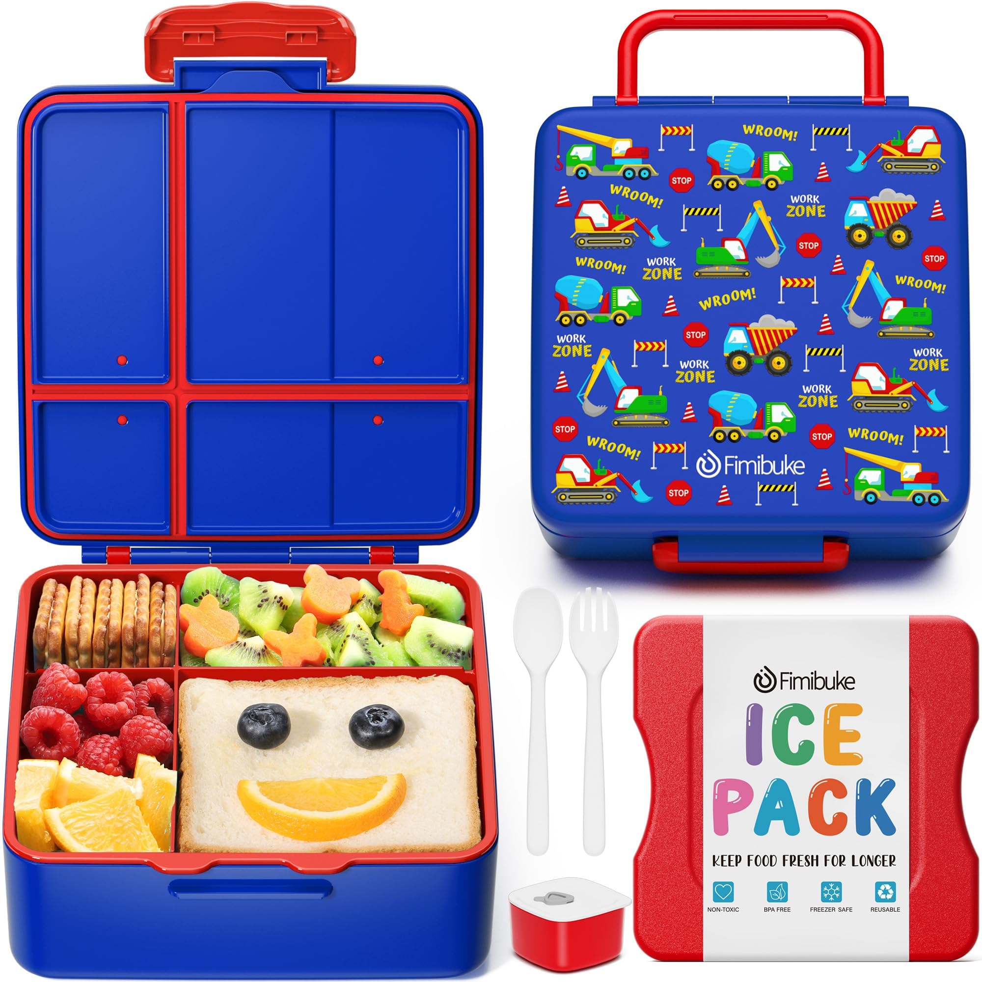 Fimibuke Chill Bento Box for Kids Adult, Leak Proof Toddler Lunch Box with Ice Pack Keep Food Cold, BPA Free 4 Compartment Lunch Container with