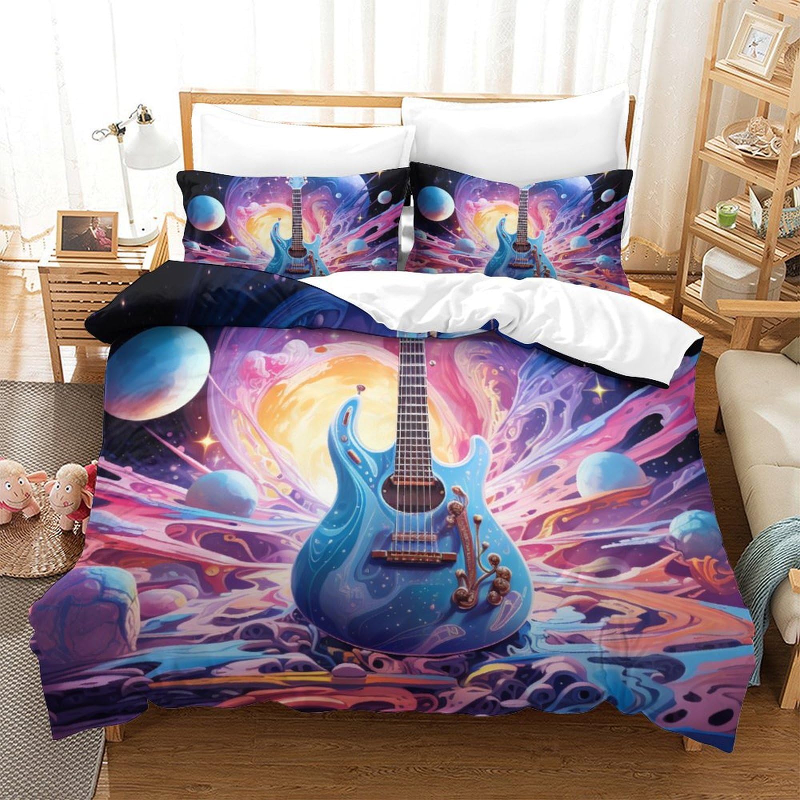 Housse de couette guitare imprimée 3D avec 2 taies d'oreiller pour lit super king size