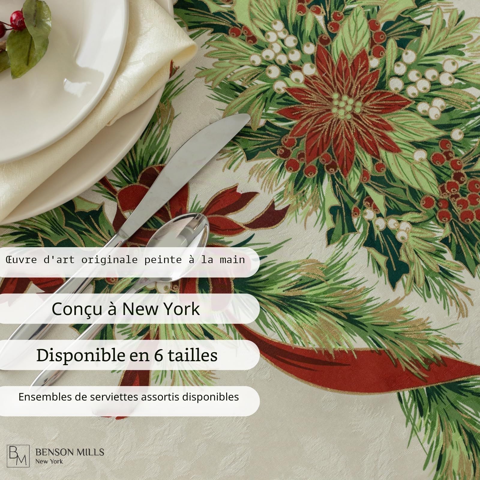 Benson Mills Nappe de Noël en Tissu imprimé d'ingénierie avec Rubans de Noël (177,8 cm, Ronde, Blanc Cassé).