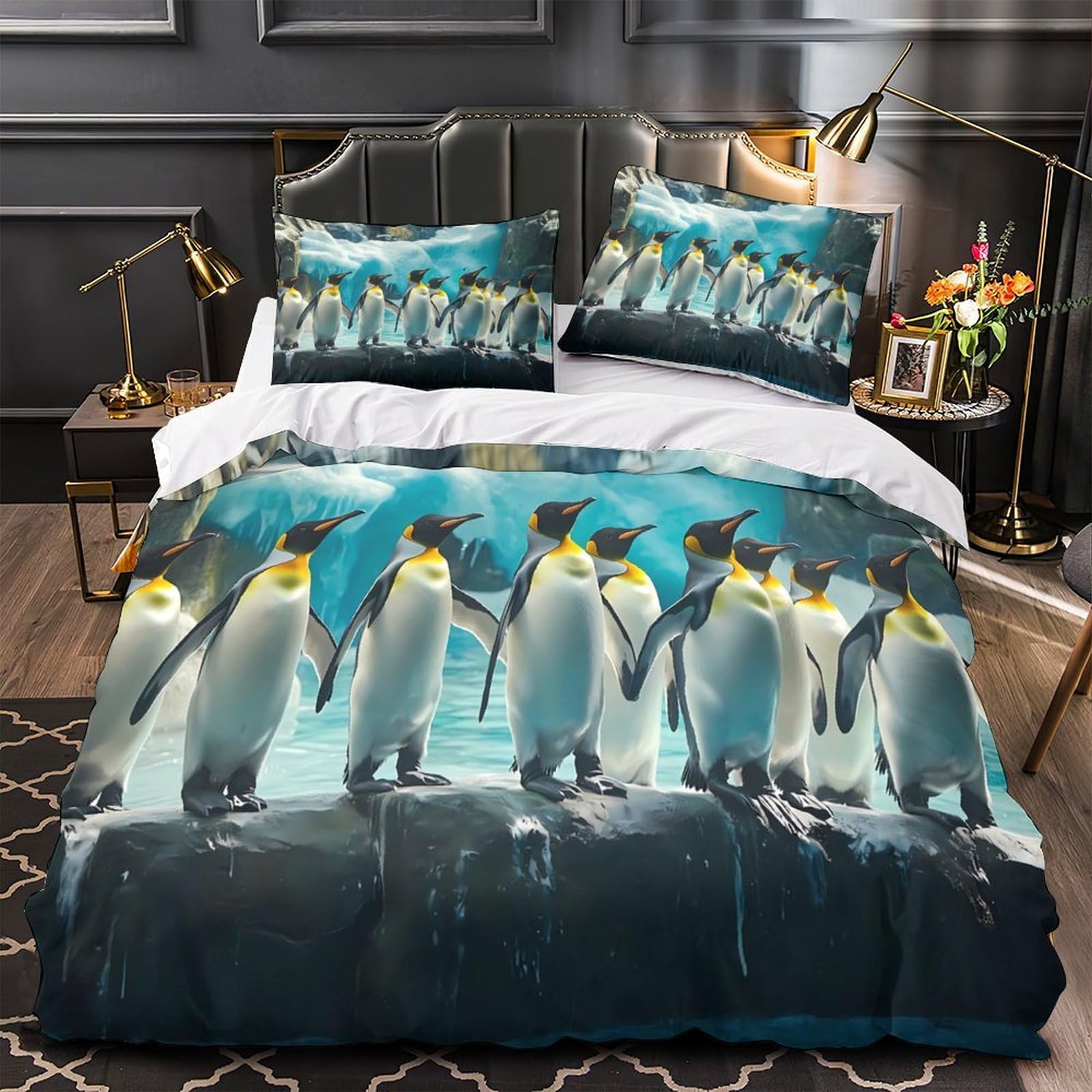 Parure de lit pingouins 3D housse de couette microfibre confort 135x200cm