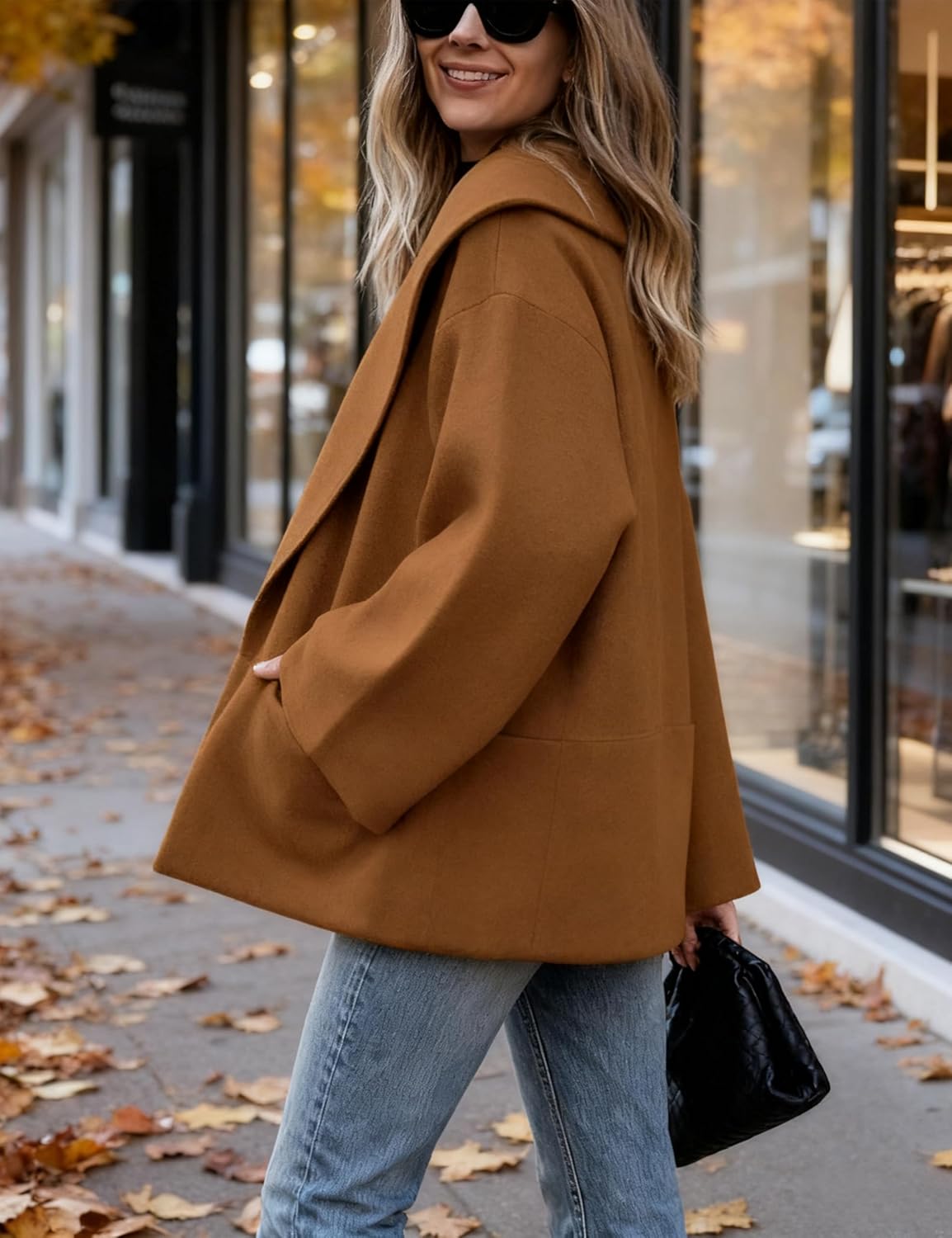 Hooever Women's Shawl Collar Sweater Oversized Cardigan Open Front Fall Winter Cropped Knit Sweater - Image 5