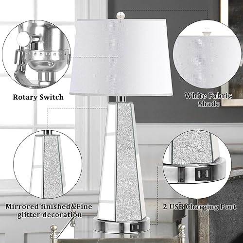 Miniatura 3 de Hamucd Juego de 2 lámparas de mesita de noche de cristal con espejo para dormitorios con 2 puertos USB, cromadas, modernas, plateadas, lámparas de