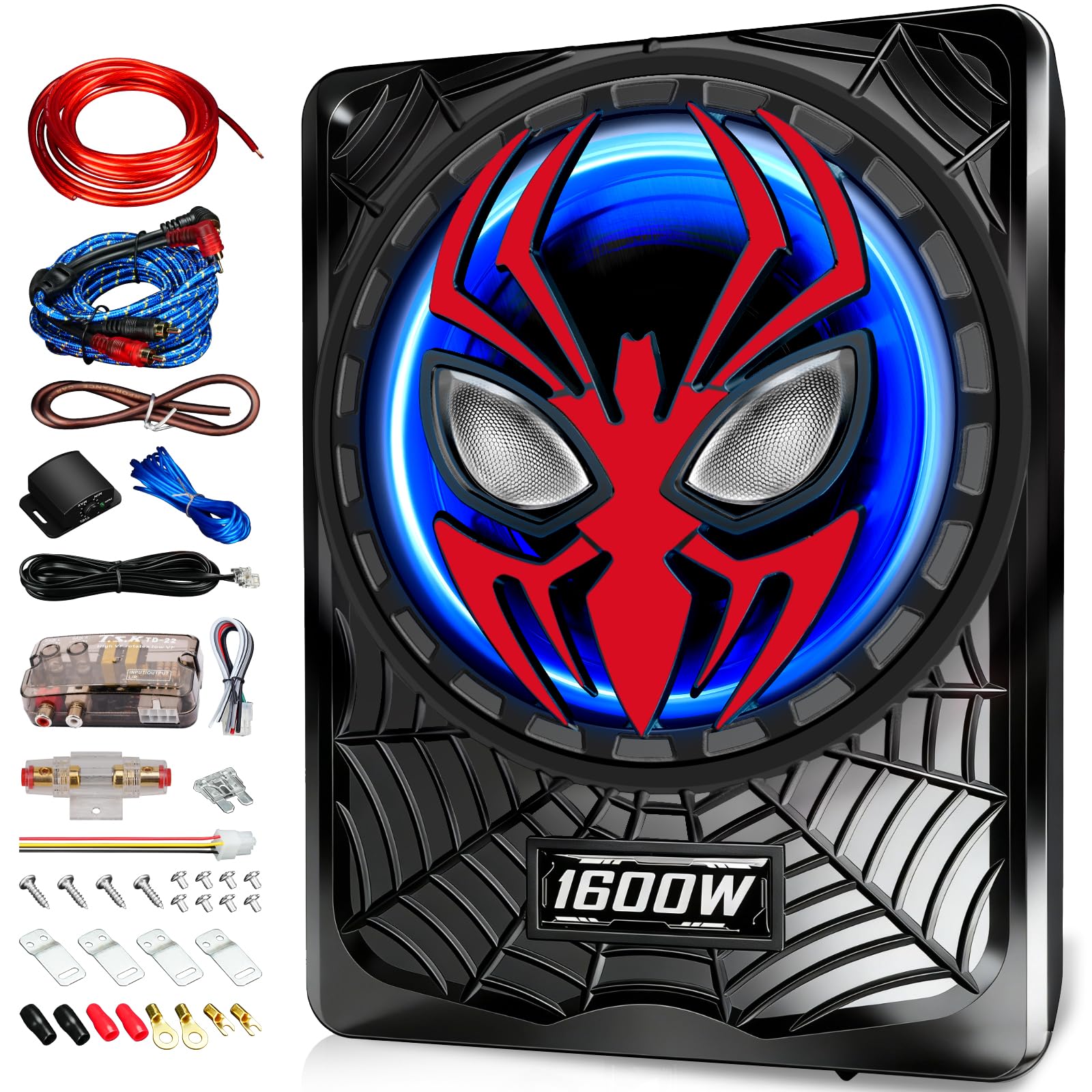 2026 Upgraded 1600W Car Subwoofers, 10" Ultra-Thin Powered Under-Seat Subs with Built-in Amplifier, (LPF/Gain/Bass Boost) RGB Ambient Lights, Independent Bass Knob, High Output Distortion-Free Audio