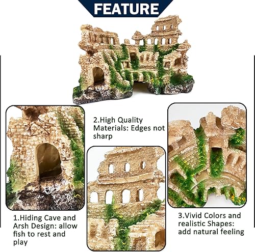 Miniatura 5 de VMCN Acuario antiguo de ruinas de columna romana para decoración de castillo europeo para pecera, castillo, cuevas, escondites de rocas, plantas,