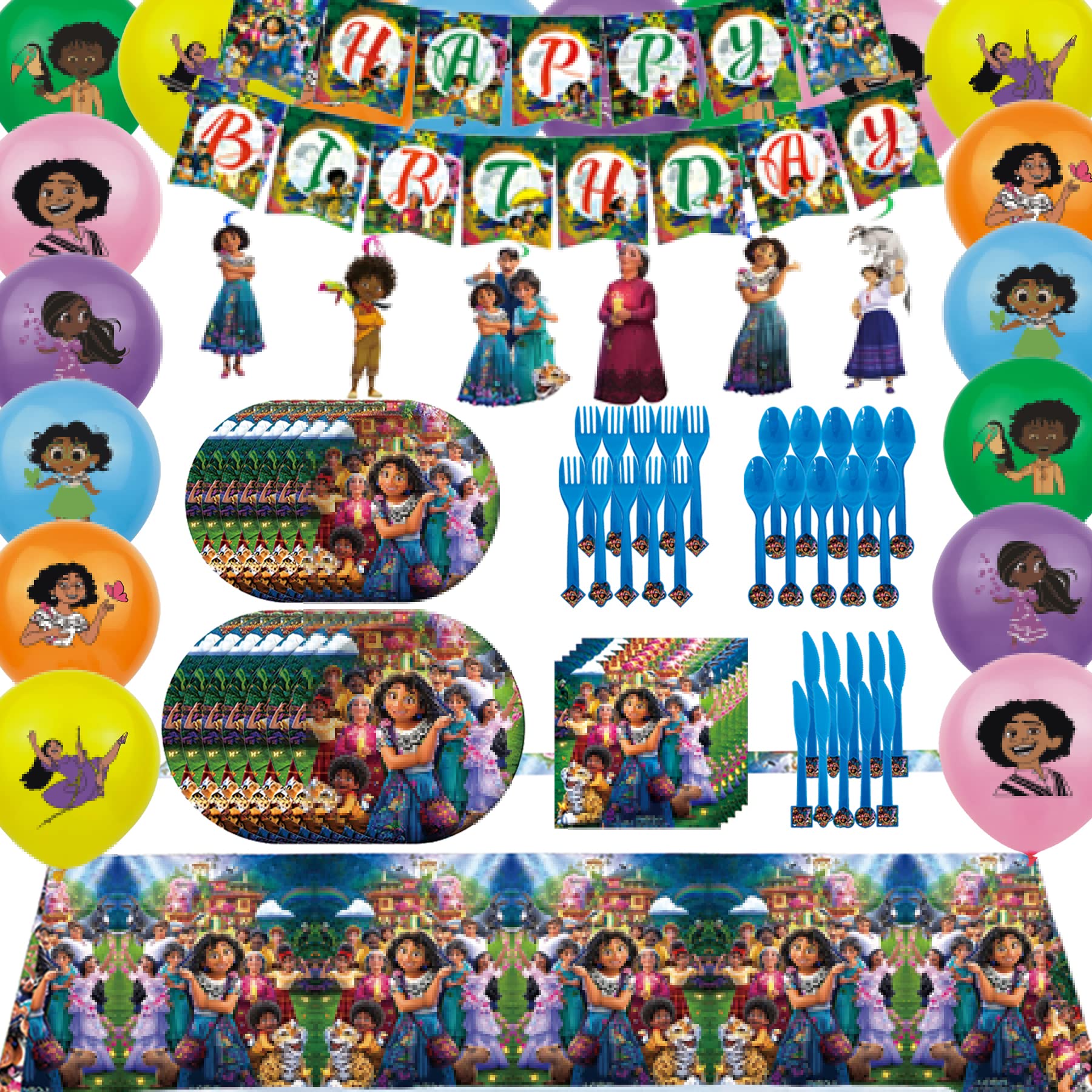 Photo 1 of Encanto Magic Movies Birthday Party Supplies for Kids, Party Decorations Include Banner, Plates, Forks, Knives, Tablecloth, Napkins, Spoons and Hanging Decoration Birthday Party Favors Set for Boys Girls