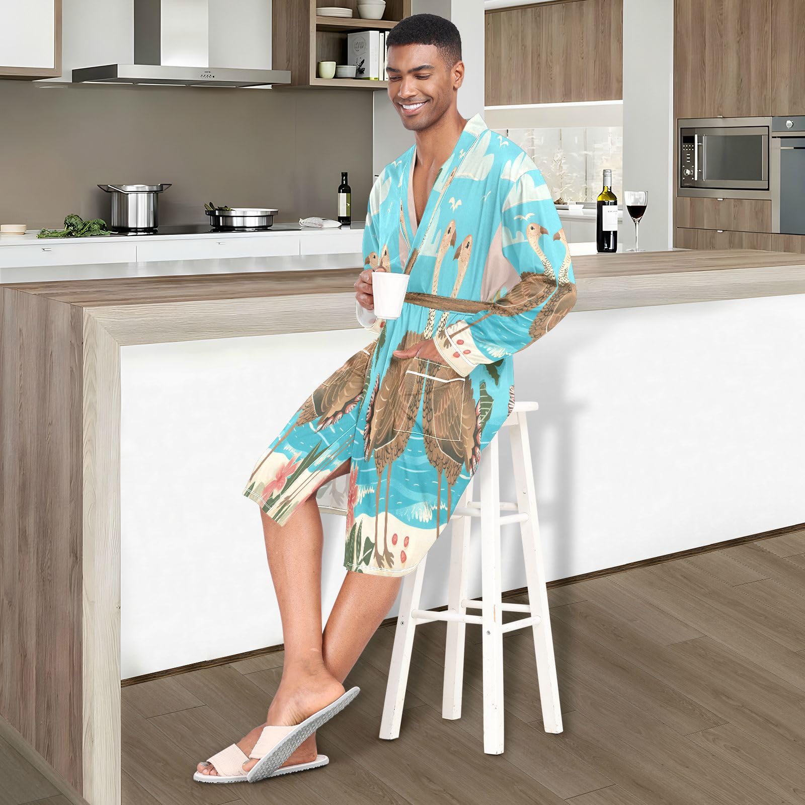 The Seaside - Accappatoio da uomo, leggero, con due simpatici tacchini che si abbracciano a vicenda