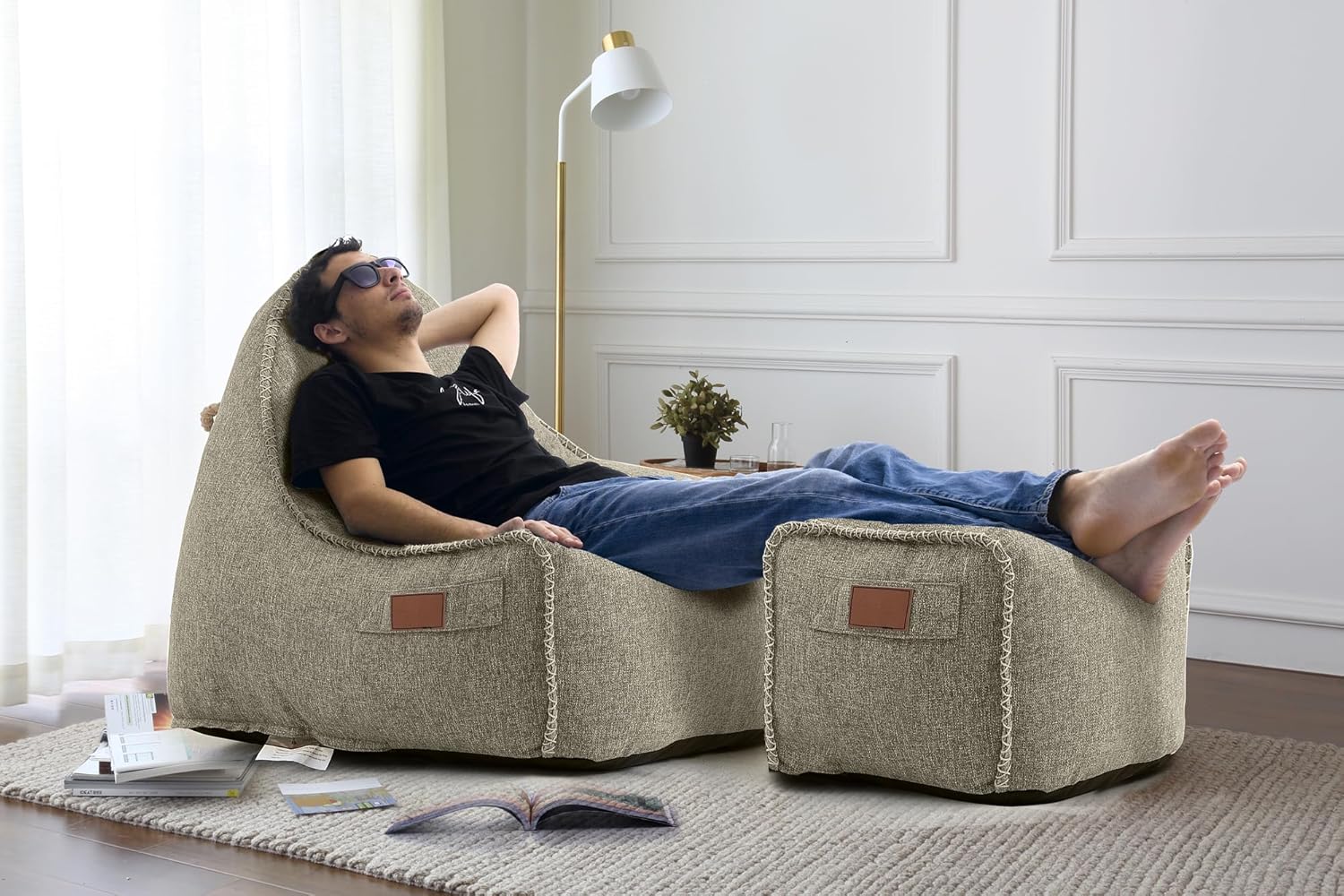 Patio Outdoor Weatherproof Bean Bag Chair ,Chairs &Ottoman Sets,High-Density Foam Filled ,Weather Resistant UV-Protected Fabric,Lounge Chair for Living Room kids's room Garden Terrace (sand)