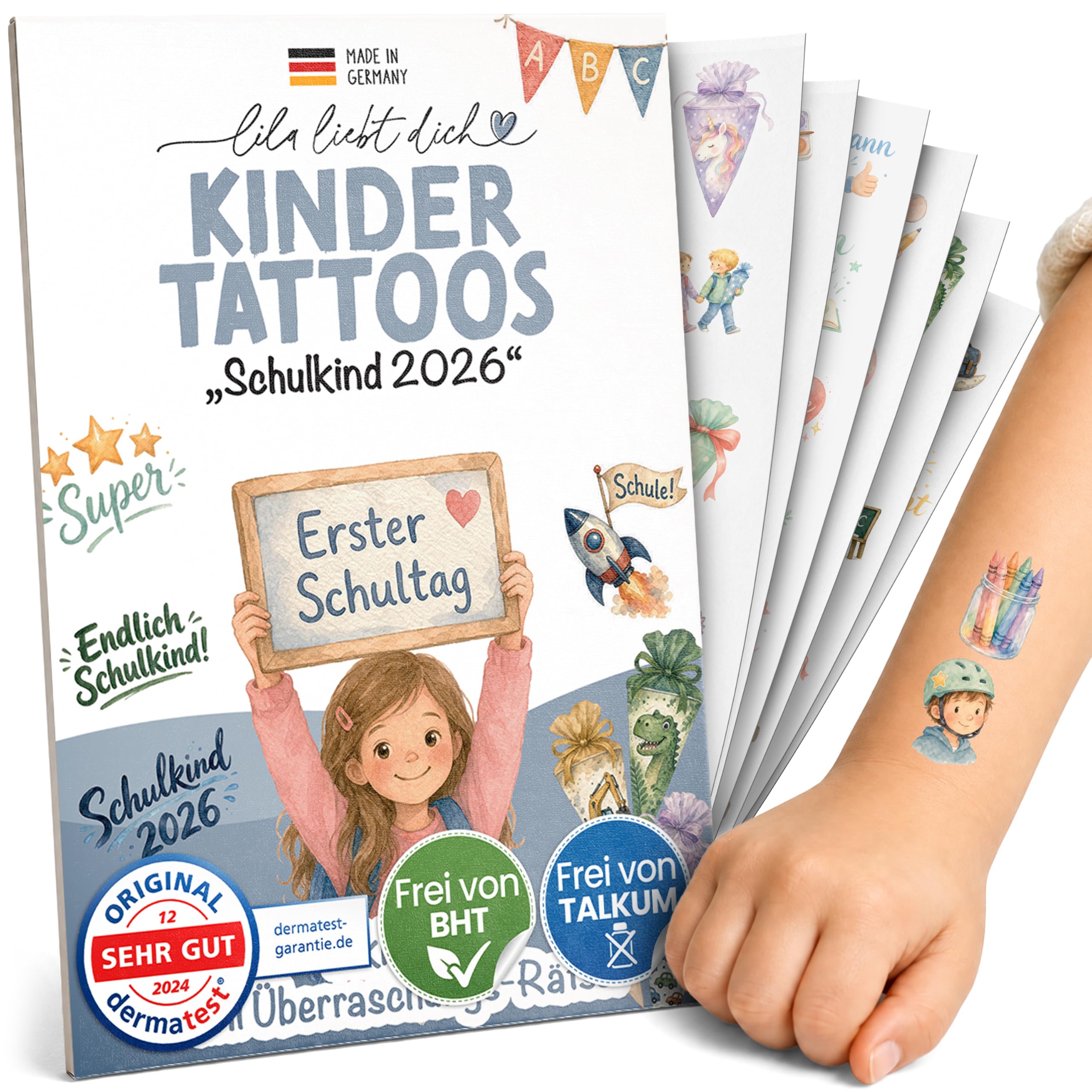 Tattoos für Kinder Einschulung - 100 Stk., hautfreundlich (6 Bögen) | Hautfreundliche Kindertattoos: Made in Germany, dermatest getestet, BHT- & talkumfrei. Tolle temporäre Tattoos.