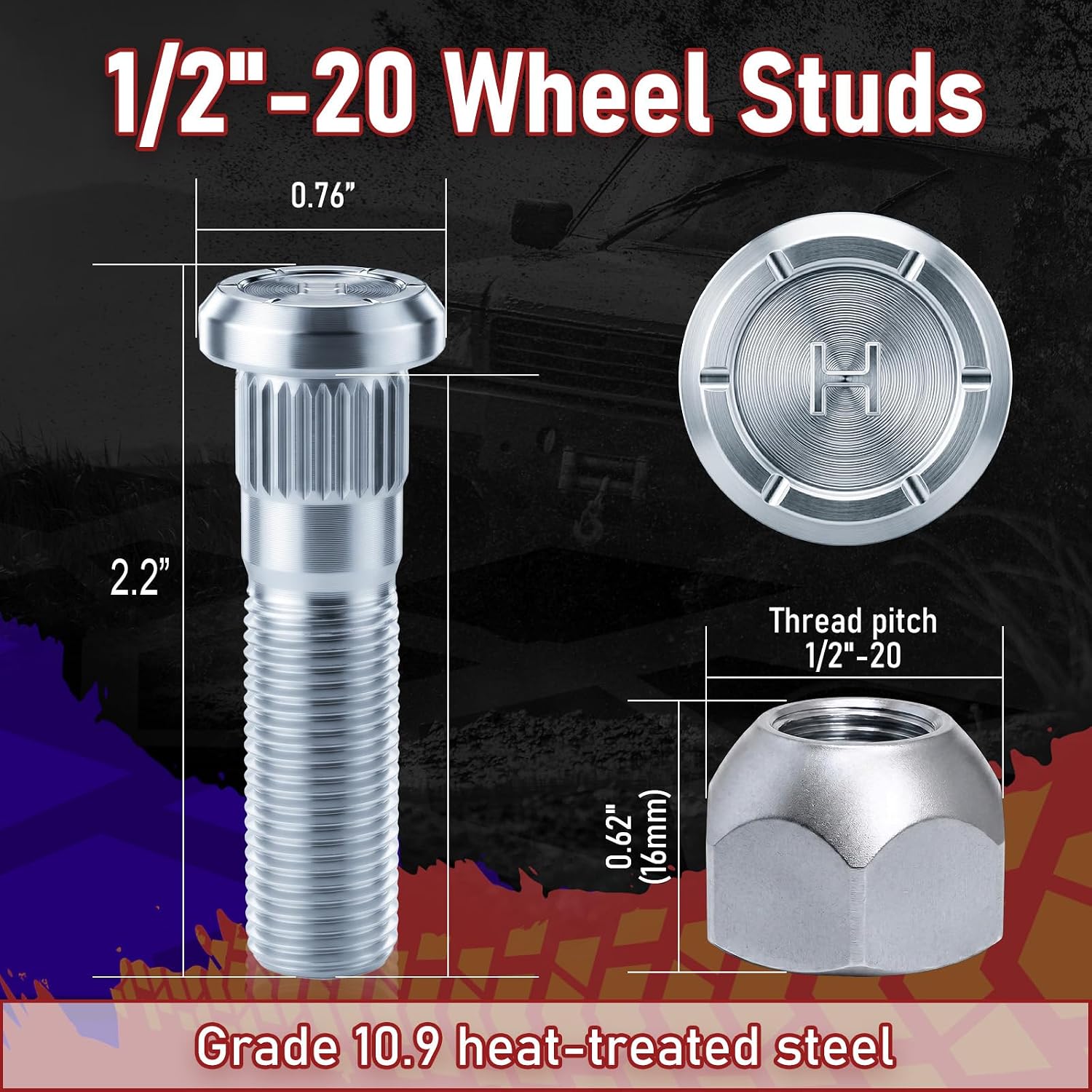 6Pack Wheel Stud with Open End Lug Nut 1/2"-20 UNF Thread for Trailer for Lippert Axles 3500 lb for 4400 lb Dexter Trailer Axles