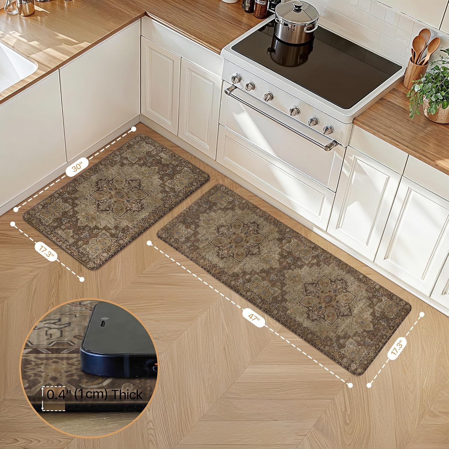 GENIMO Kitchen Mats for Floor 2PCs, Washable Anti Fatigue Mat for Cushioned, 17.3"x47"+17.3"x30", Waterproof Kitchen Rugs, Non Slip Comfort Standing Mat Rug for Home, Sink, Laundry, Rustic Brown Rustic Brown 17.3"x47"+17.3"x30"--0.4 inches