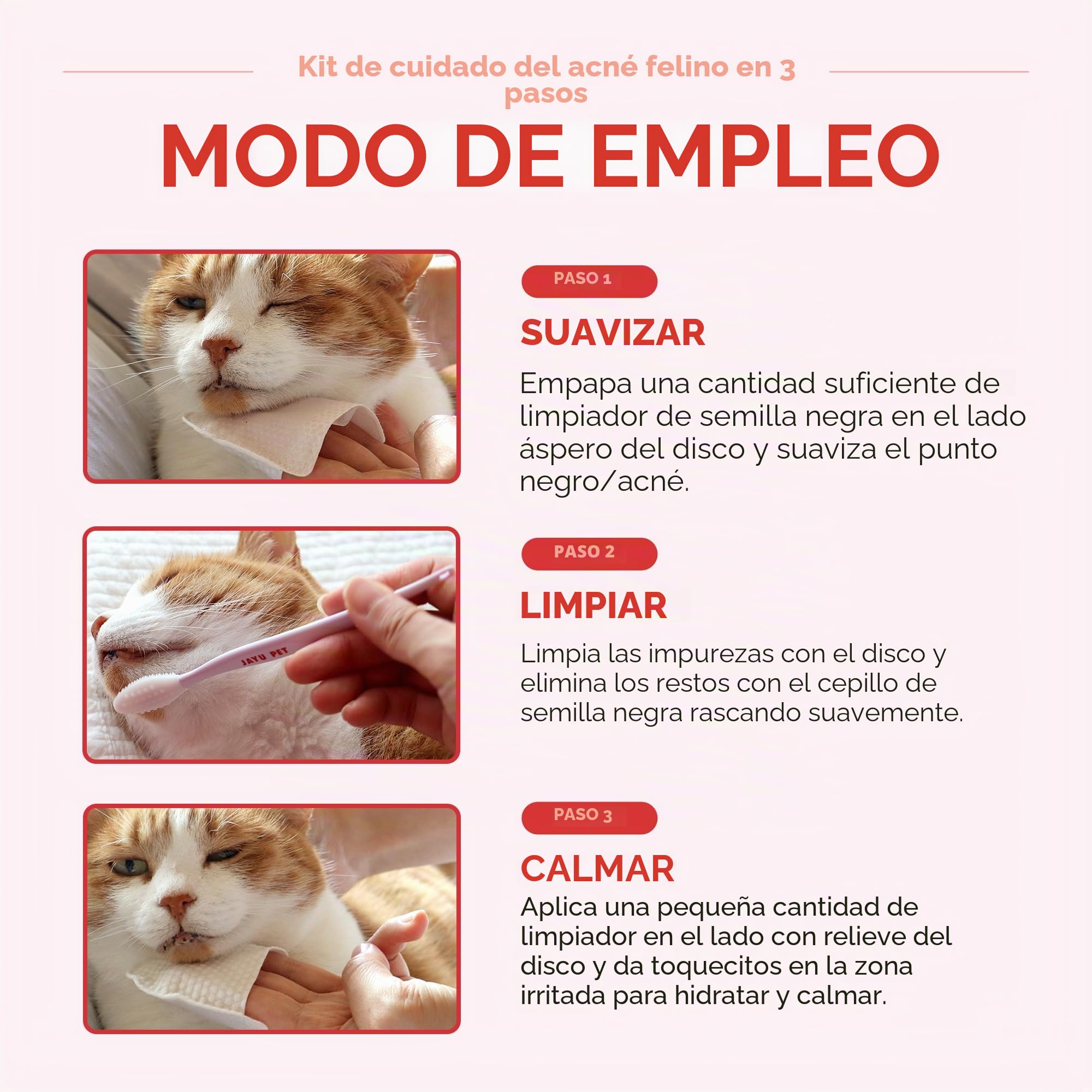 JAYU PET Kit de cuidado del acné de gato de 3 pasos, limpiador hipoalergénico para acné felino, almohadillas de doble cara para el acné de gato (1EA), toallitas de tratamiento de barbilla para el acné