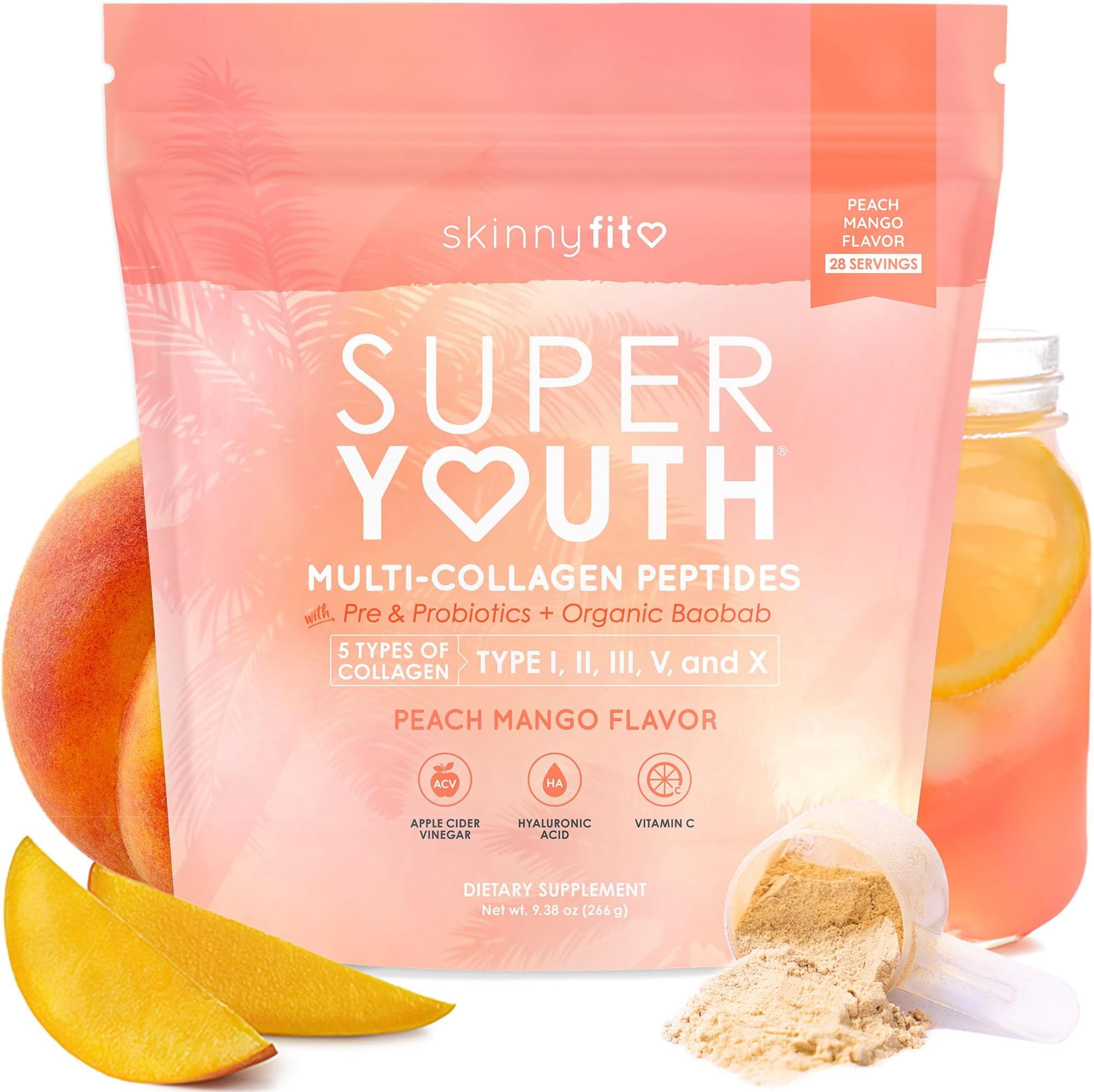 Super Youth Collagen for Women - Multi Collagen Peptides Powder - Probiotics, Fiber, Hyaluronic Acid - Non GMO, Gluten Free, Sugar Free - Beauty & Self Care - Peach Mango (28 Servings)
