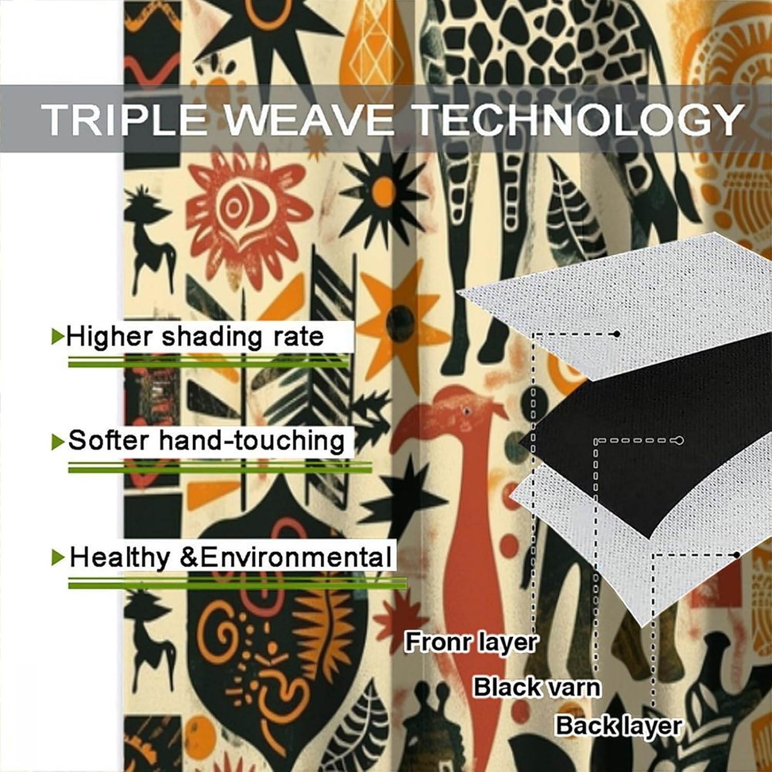 African Tribal Ethnic Curtain, Vintage Abstract African Animals Giraffe Elephants Window Treatments Boho Geometric Traditional Blackout Window Curtain for Bedroom Living Room W42xL45in