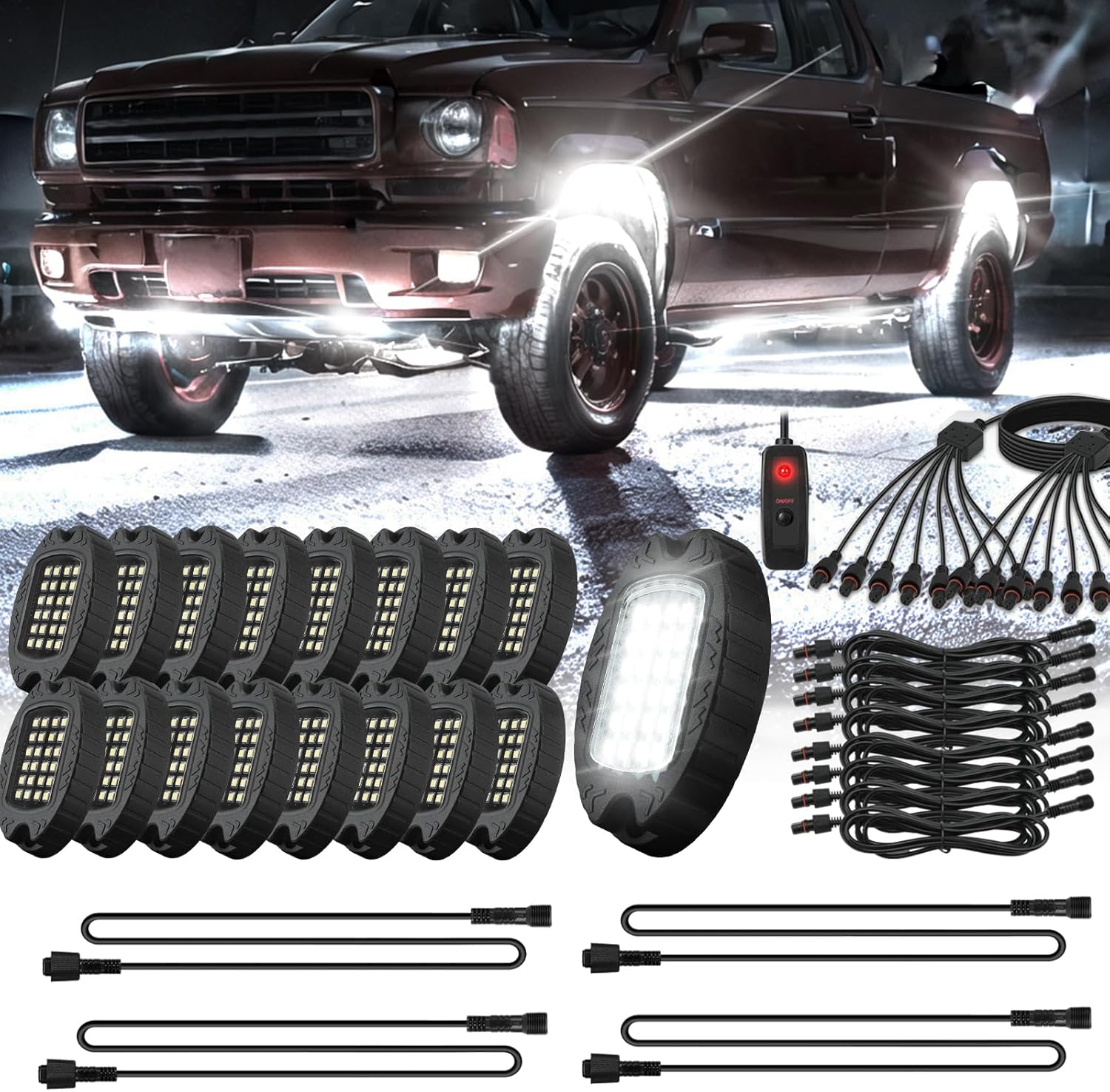 16 Pods Metal LED White Rock Lights and 4PCS 76.3 inch/6.56FT 2 Pin Extension Cable Wire Cord Set, Waterproof Alloy Pure White Neon Underglow Kits with Switch Extension Harness