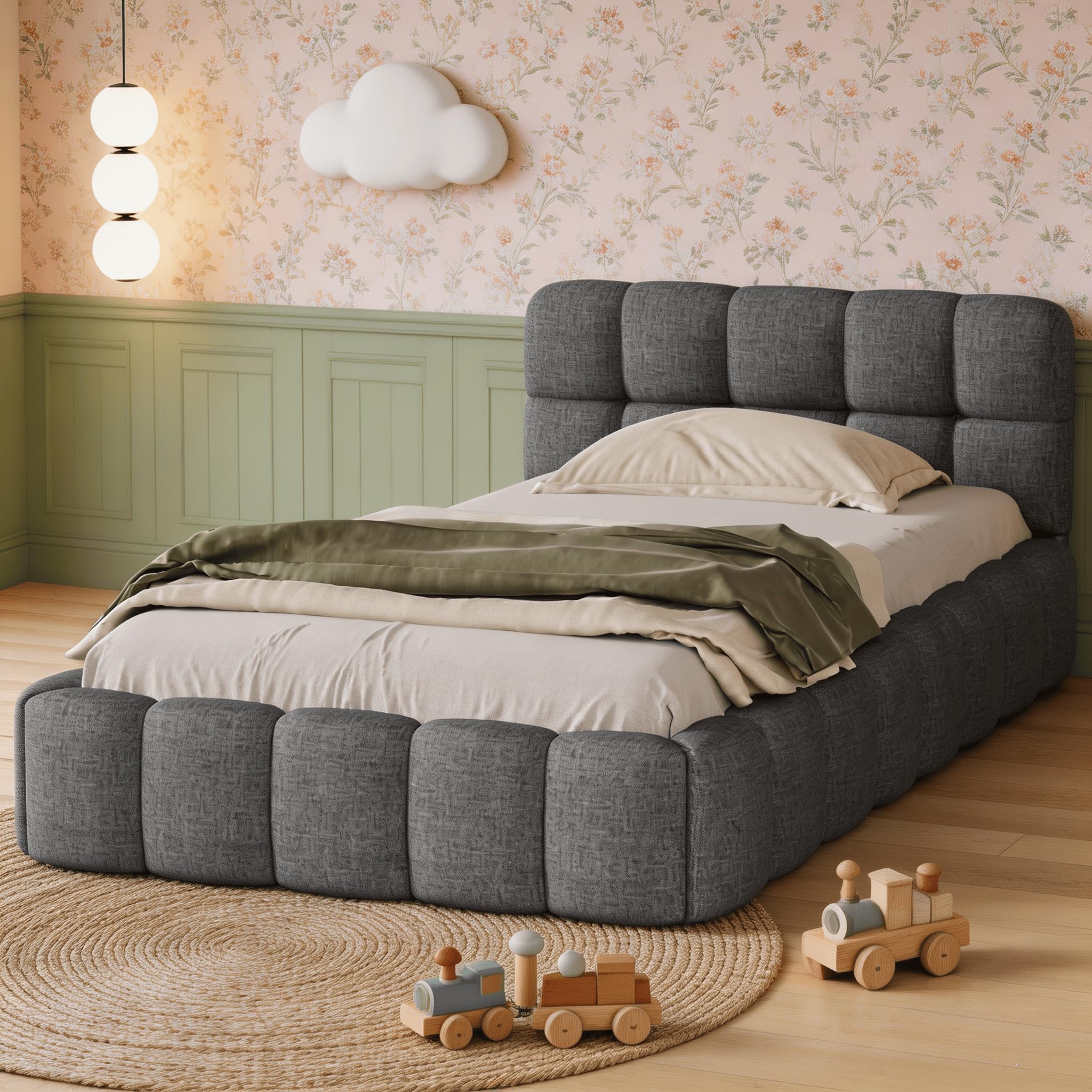HYNHXBP Bubble Upholstered Double Bed Frame 90x190 cm with Padded Headboard, Low Platform Bed with Wooden Slatted Base, Linen Fabric Tufted Bedstead, Mattress Not Included (Gray, 90 x 190 cm)