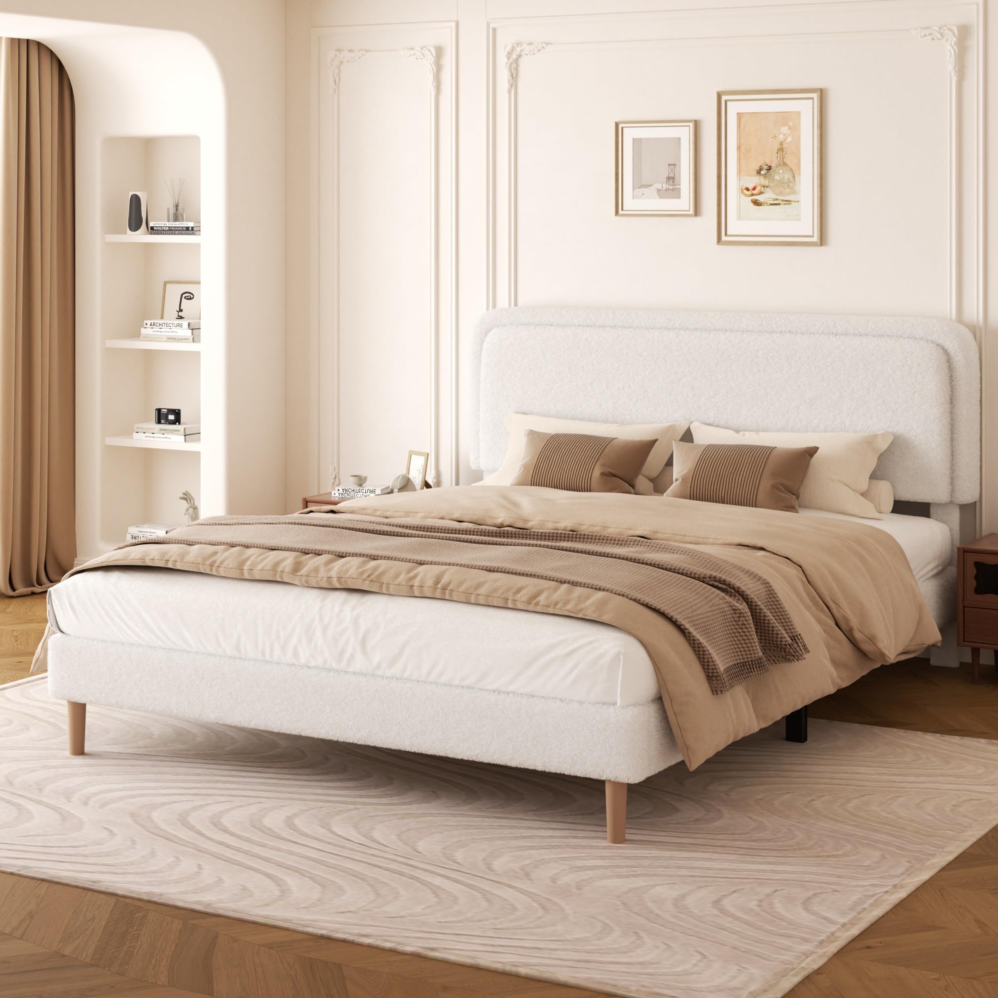 Photo 1 of *** USED/MINOR DAMAGE***viplov King Size Boucle Upholstered Platform Bed Frame with Adjustable Headboard, Soft Cloud Bed, No Box Spring Needed, Noise Free, Easy Assembly, White
