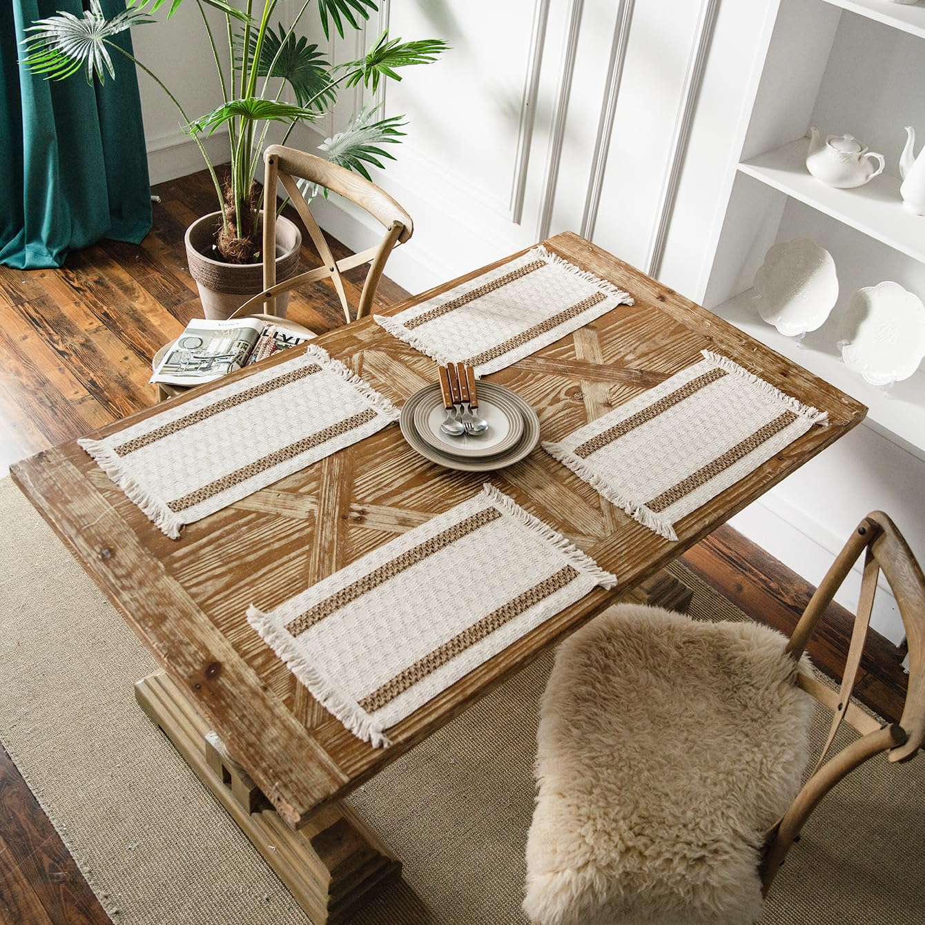 Lseaning Boho Placemats Set of 4, Woven Boho Placemats for Dinging Table 12x19 Inches, Farmhouse Cotton Linen Table Mats for Kitchen, Dining Room