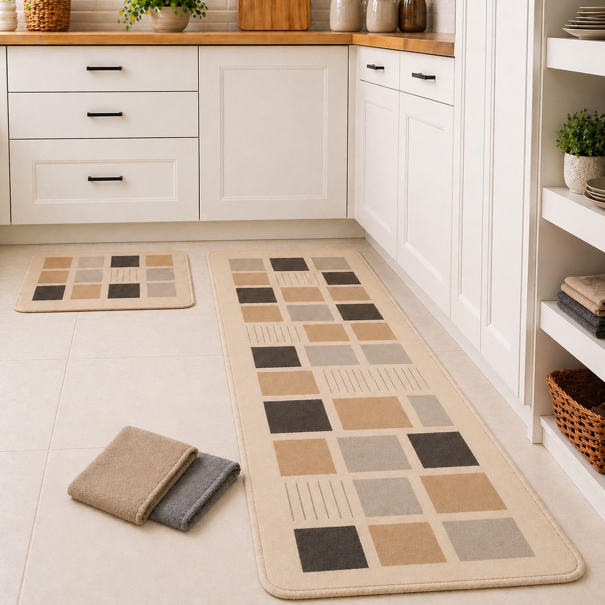 Tapis de cuisine lavable antidérapant - Lot de 2 tapis de cuisine et 2 chiffons en microfibre - Design effet lin - Résistant aux liquides (150 x 45 et 50 x 45 cm)