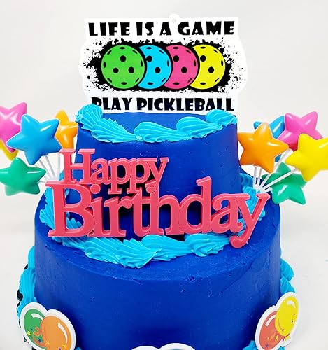 Miniatura 2 de Juego de decoración para pastel de cumpleaños de 7 piezas con temática de pickleball - Life is a Game Play Pickleball (diseño único)