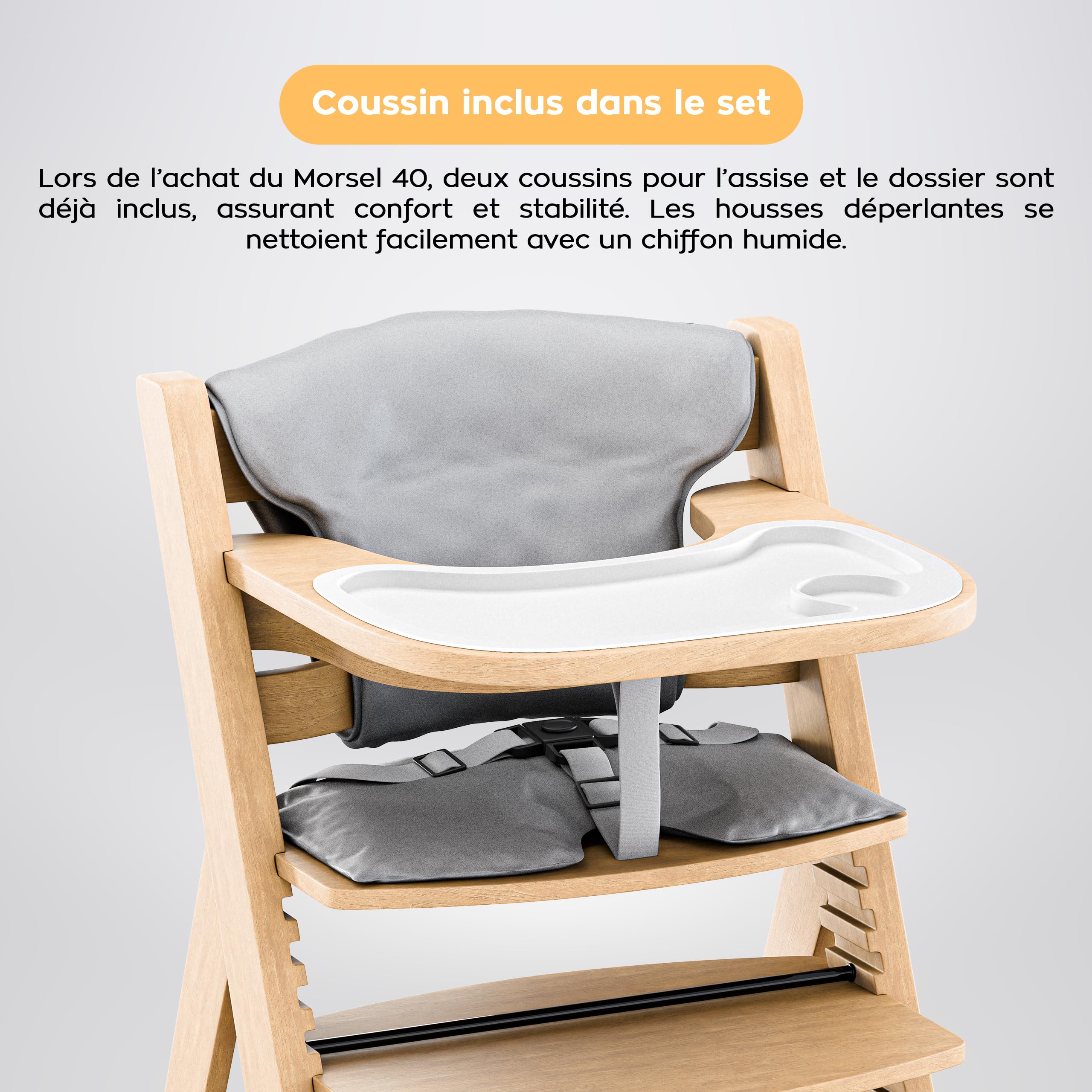 TULANO Morsel 40 Chaise Haute Évolutive 4en1 Bébé et Enfant | Réglable 12 Niveaux | Plateau Amovible | Coussin Imperméable | Harnais Sécurité | De 6 Mois à 12 Ans | Bois Naturel
