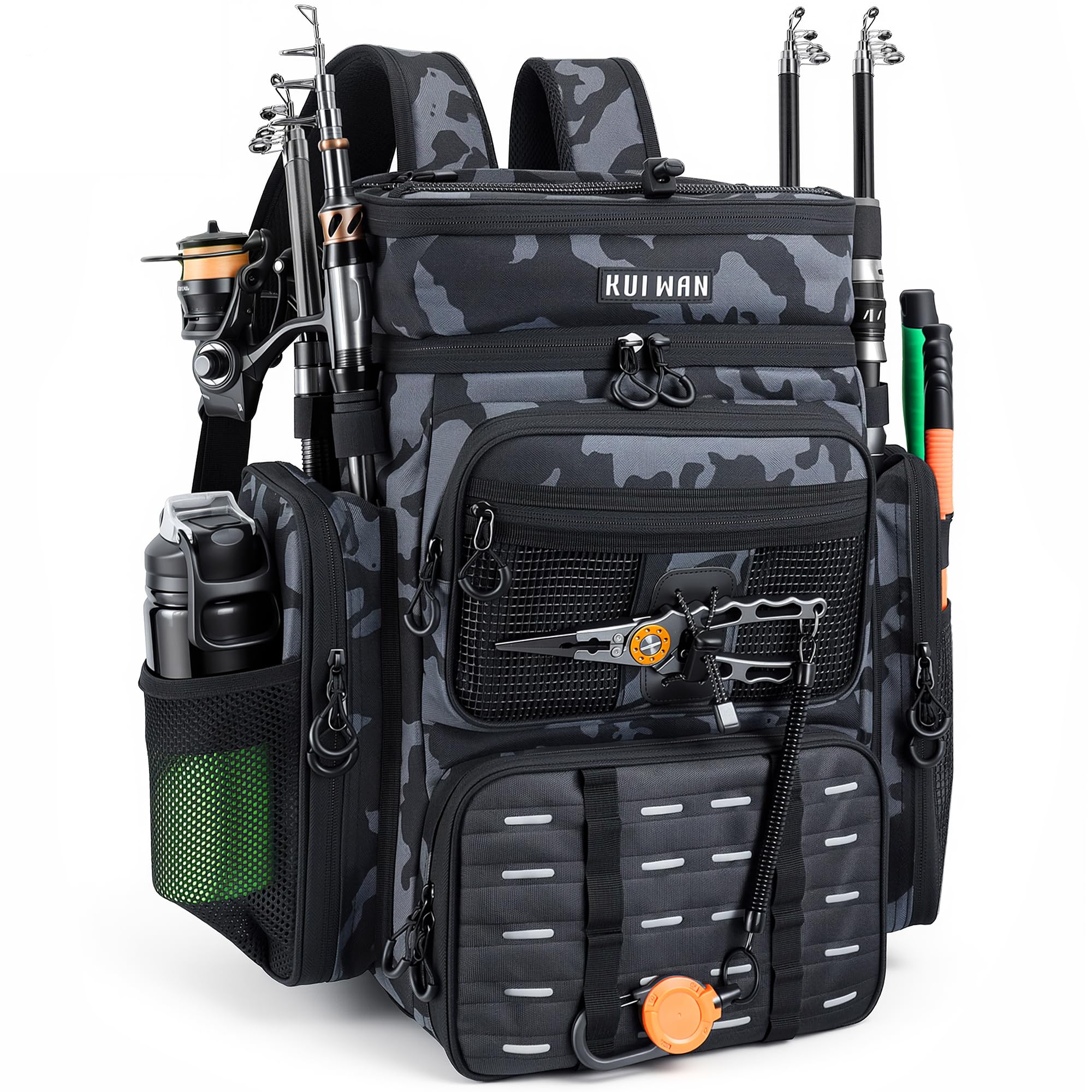 Angelrucksack mit Kühler & 4 Rutenhalter, große 45 l Angelausrüstungstasche, Geschenke für Männer und Frauen, Camouflage-Rucksack