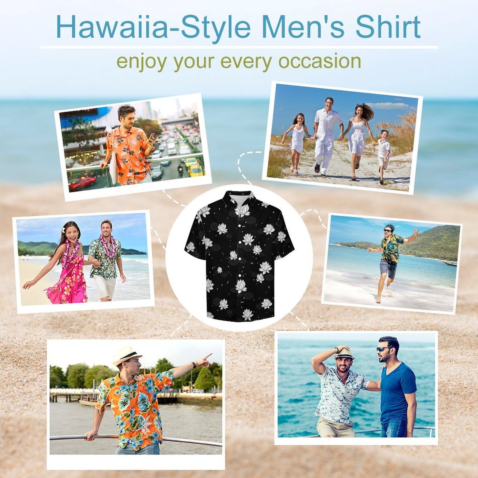 Funky Camicia Hawaiana Uomo, Manica Corta Design Aloha Camicie con Bottoni, Estiva Camicie a Piccolo Fiore di Loto Casual Stampa Spiaggia Estate Disegno A Linee Camicia