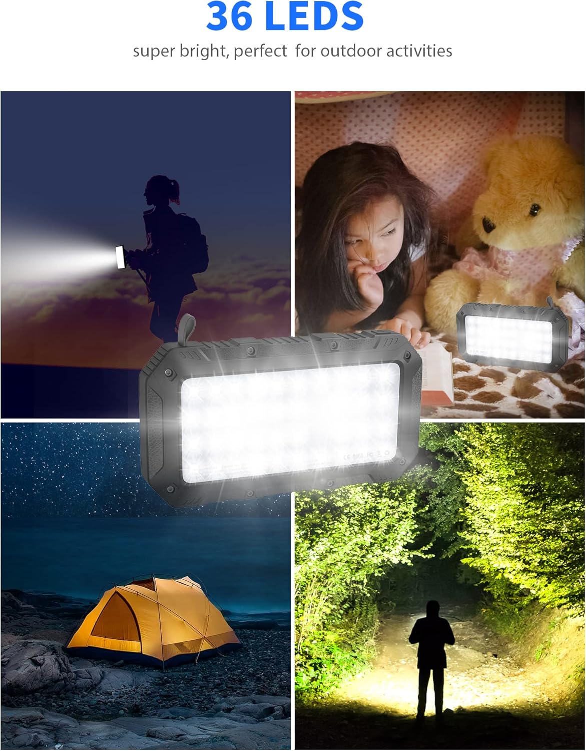 Solar Power Bank,Solar Charger,25000mAh Outdoor Waterproof Power Bank, Solar Portable Charger with 36 LEDs and 3 USB Output Fast Charging Ports, External Backup Battery for Camping Outdoor : Cell Phones & Accessories