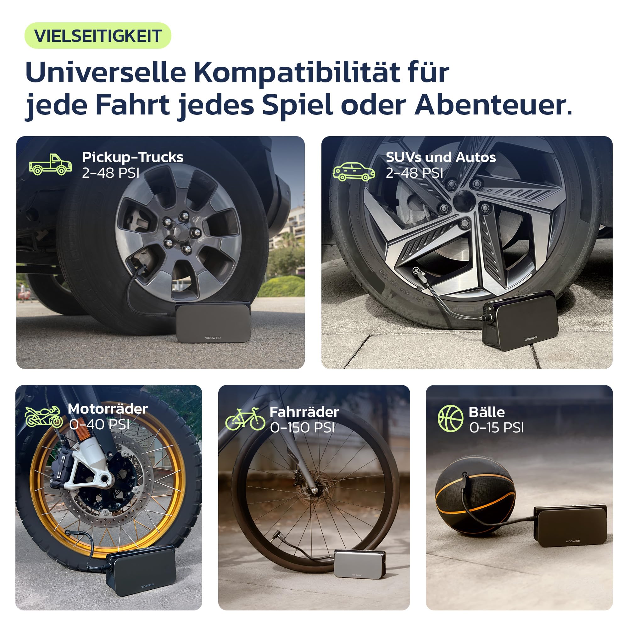 Woowind 3-in-1 Starthilfe, Akku Kompressor, 65W Powerbank, 10.3 BAR | 150PSI Akku Kompressor, 65W Powerbank, LED-Licht, Auto Starthilfe, 16000 mAh Booster Auto